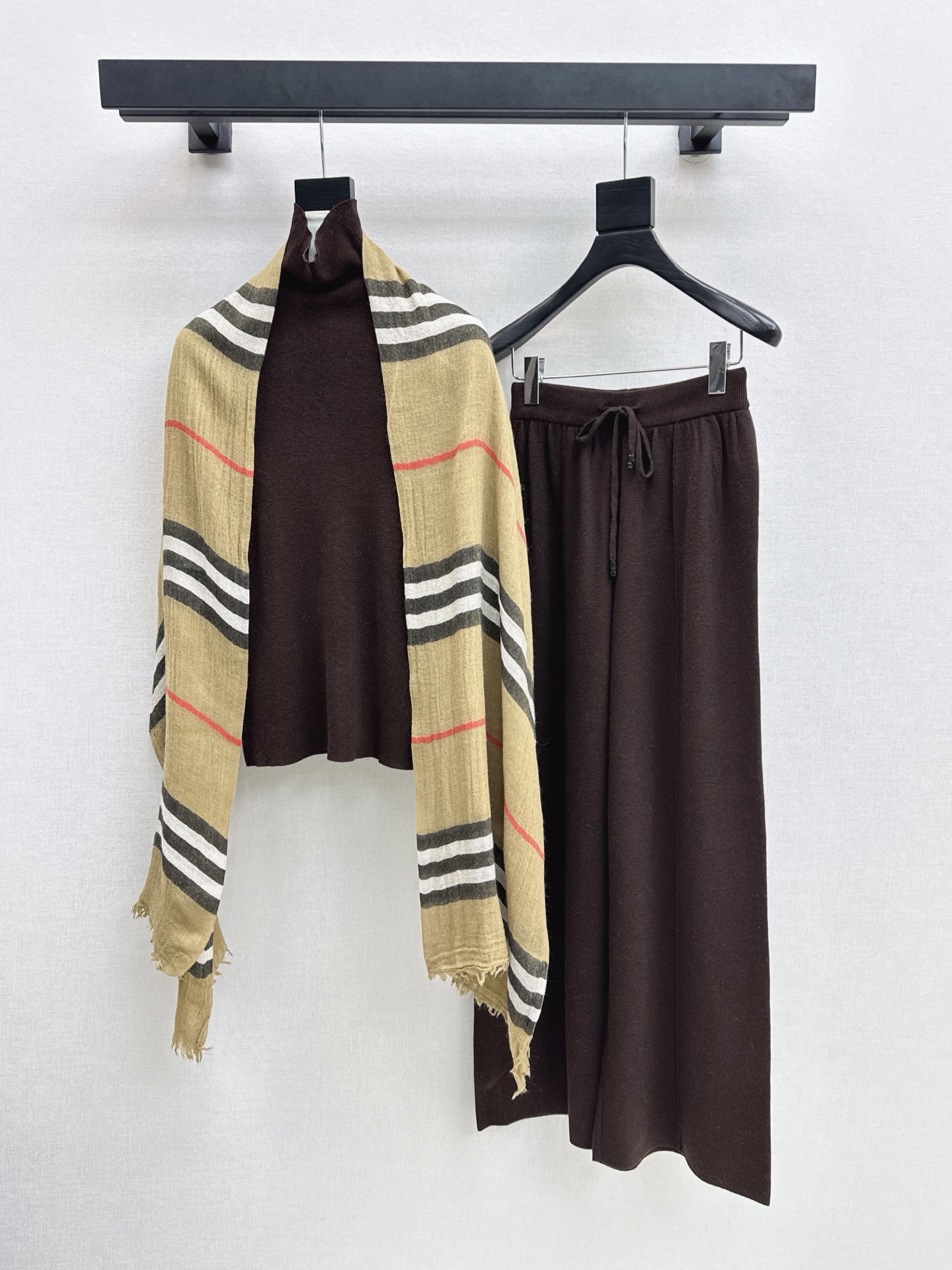 Bur 26fw knit basic tee check shawls pants set
