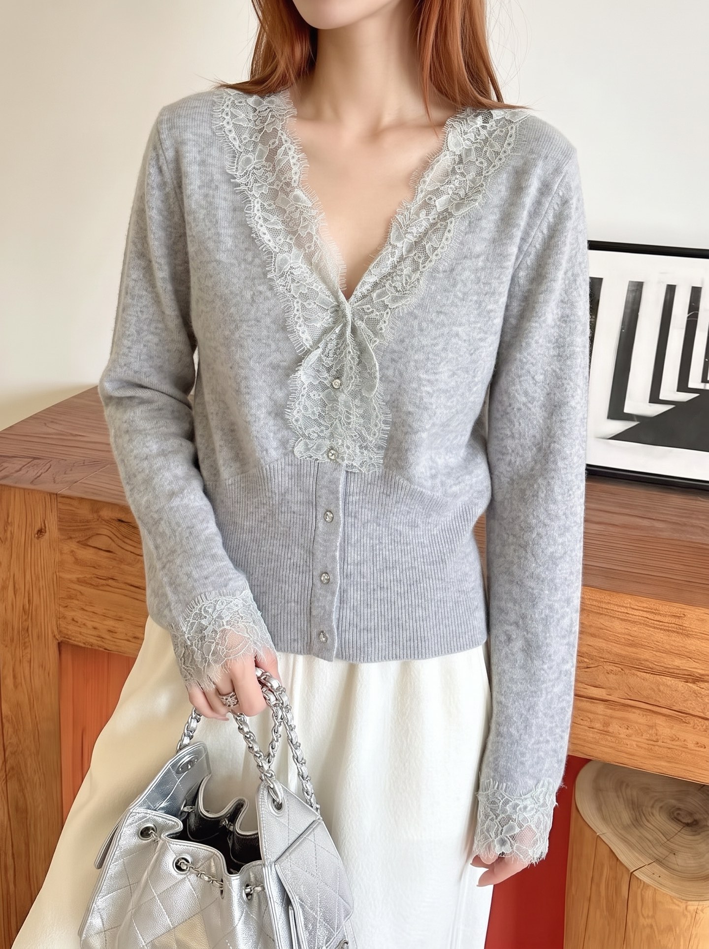 ES 26fw lace contract knit sweater