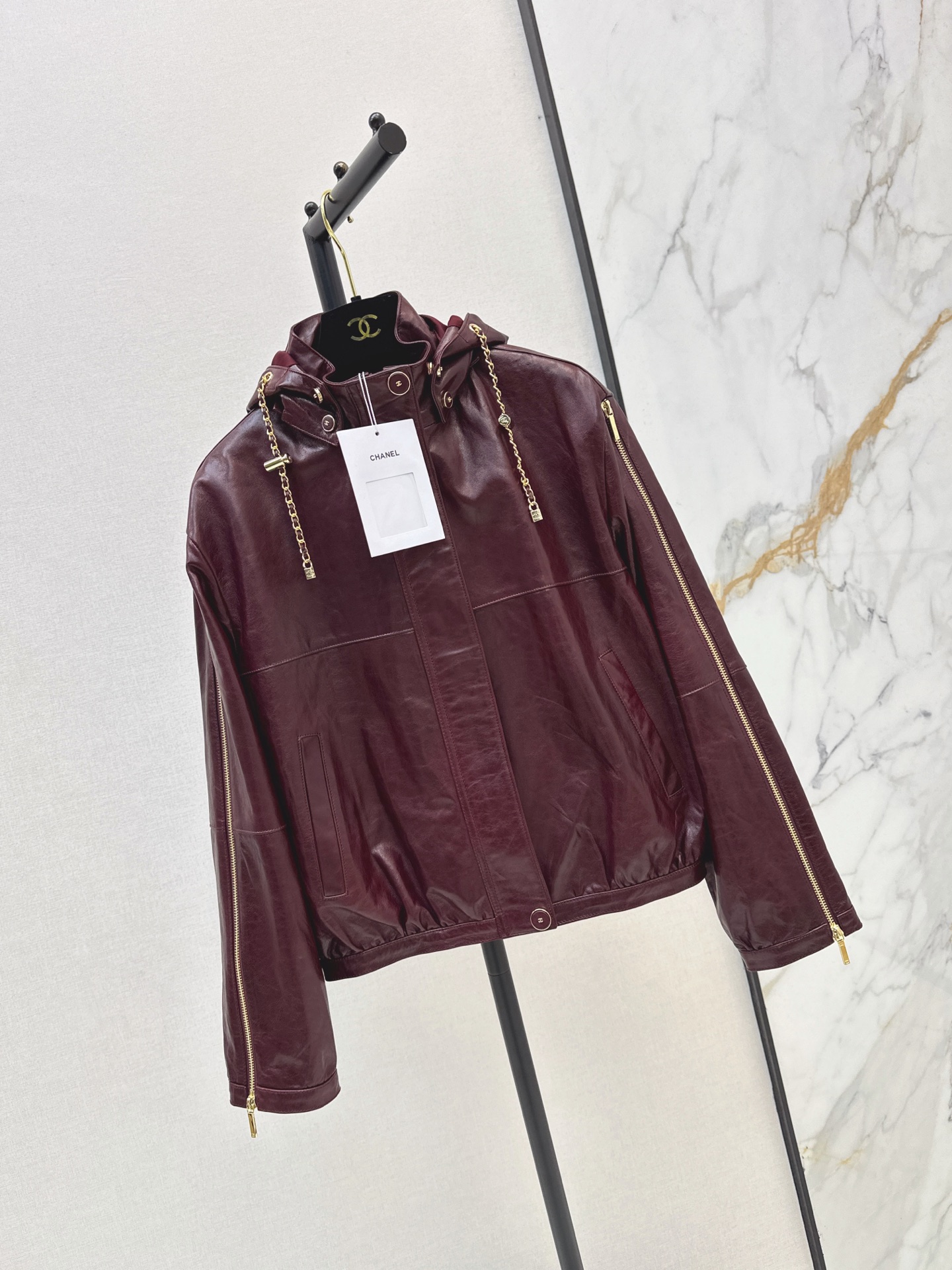 Chan 26ss leather hooded jacket