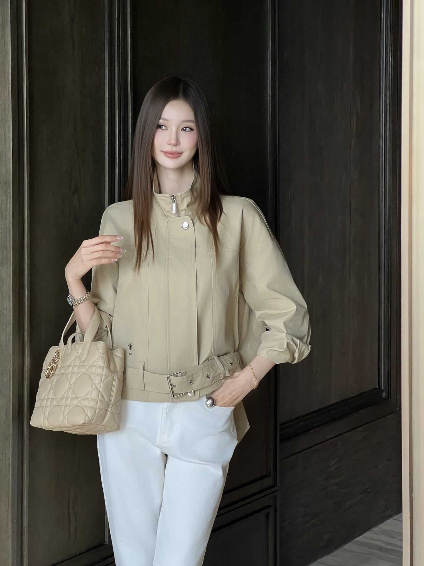 CD 26fw Stand-Collar Belted Cropped Jacket