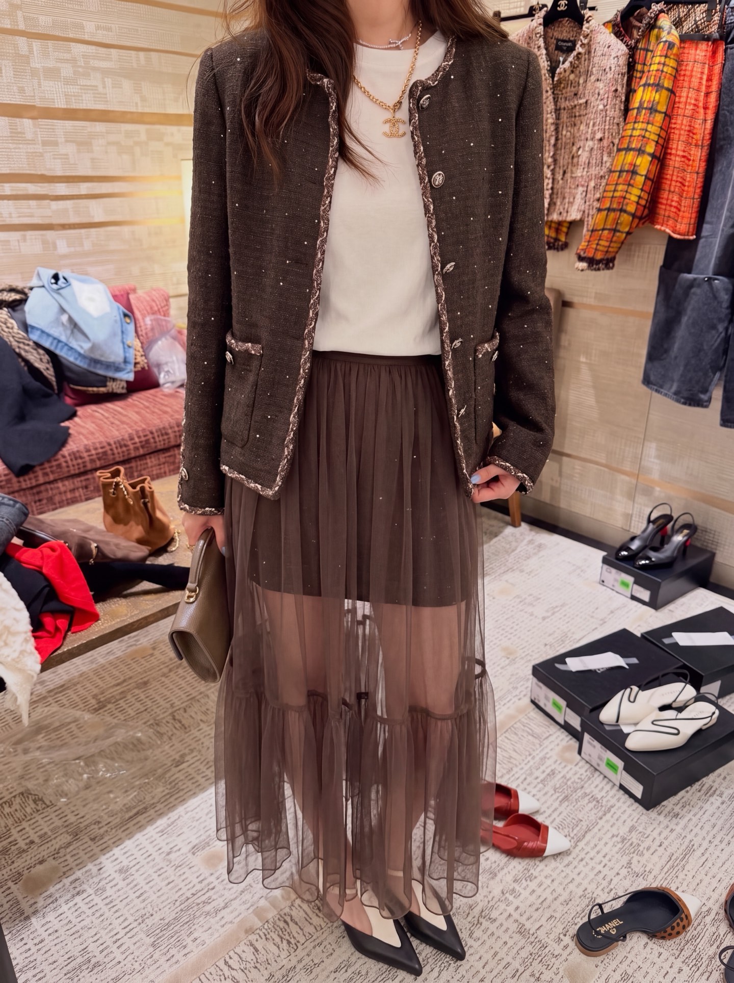 Chan 26fw woven mini skirt mesh skirt sets