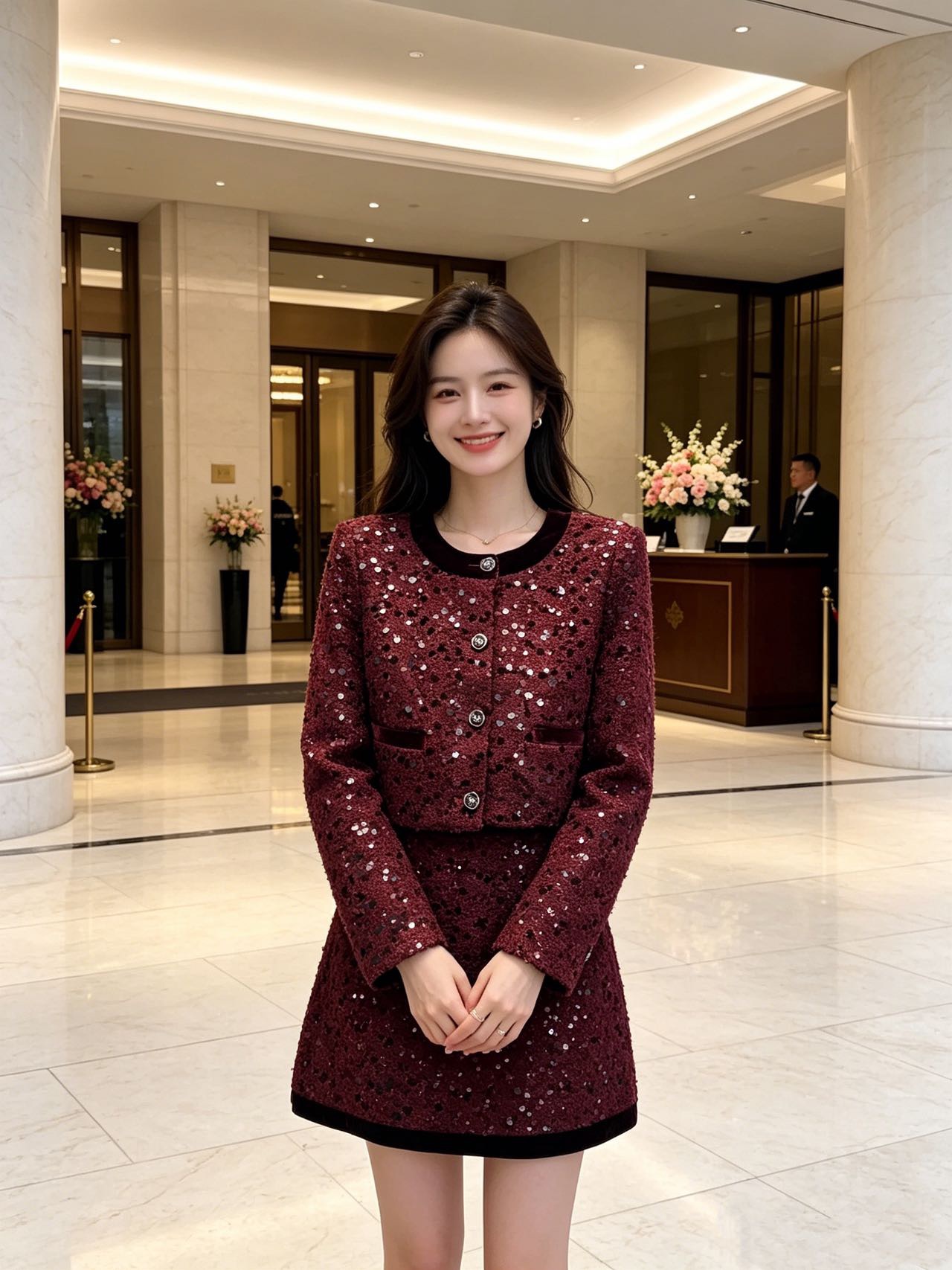 Chan 26fw tweed woven jacket A-line skirt sets