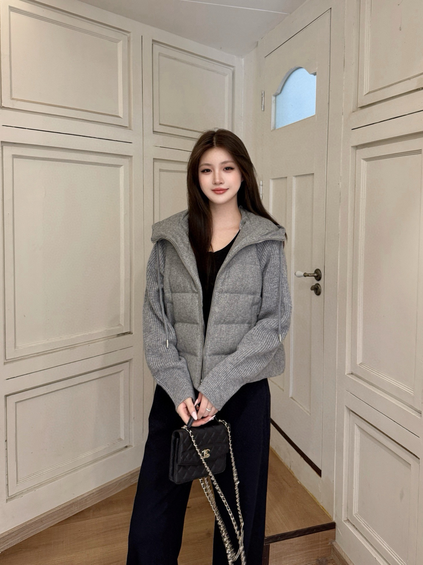 Brun 26fw knit contaract hooded down jacket