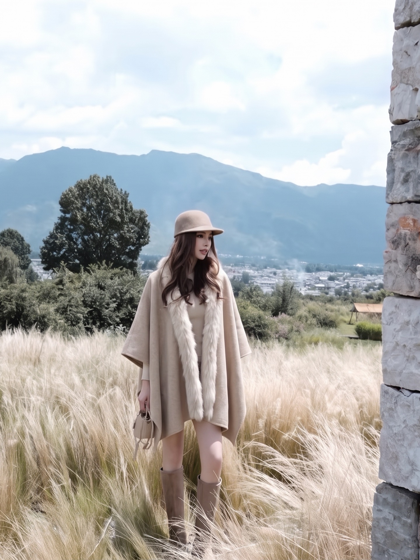 Fen 26fw fox-trim woolen cape jacket