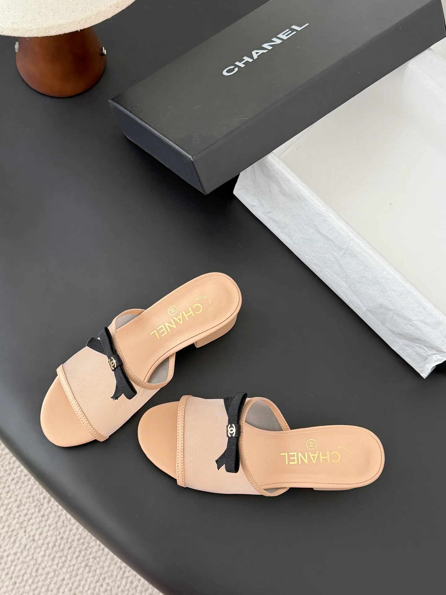 Chan 26ss bow mesh chunky heels slides