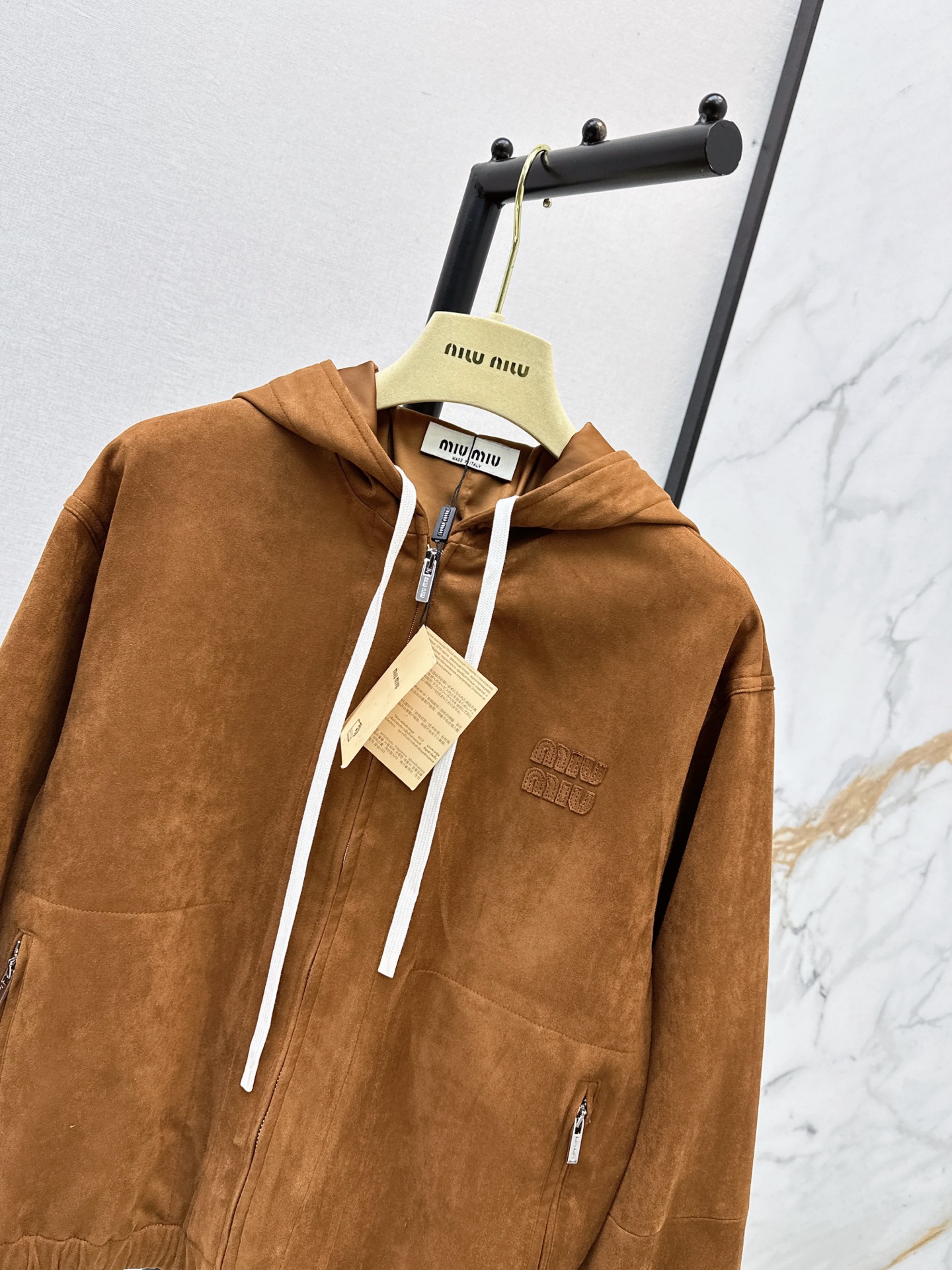 Miu 26fw suede-effetc hooded jacket