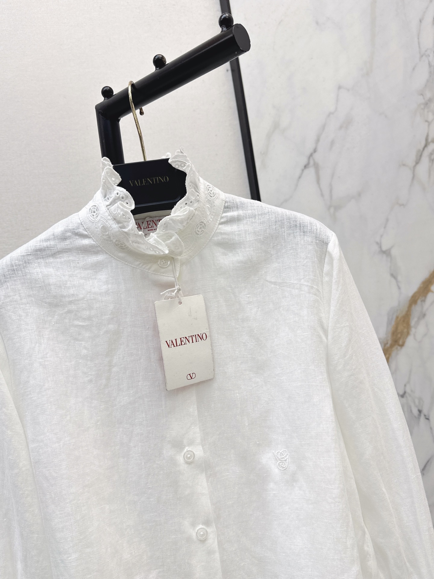 Valen 26fw lace trim linen shirt