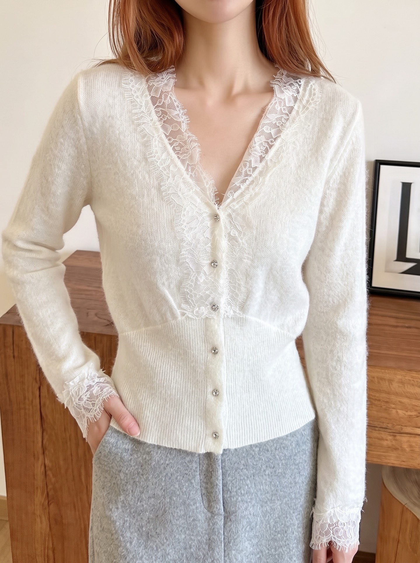 ES 26fw lace contract knit sweater