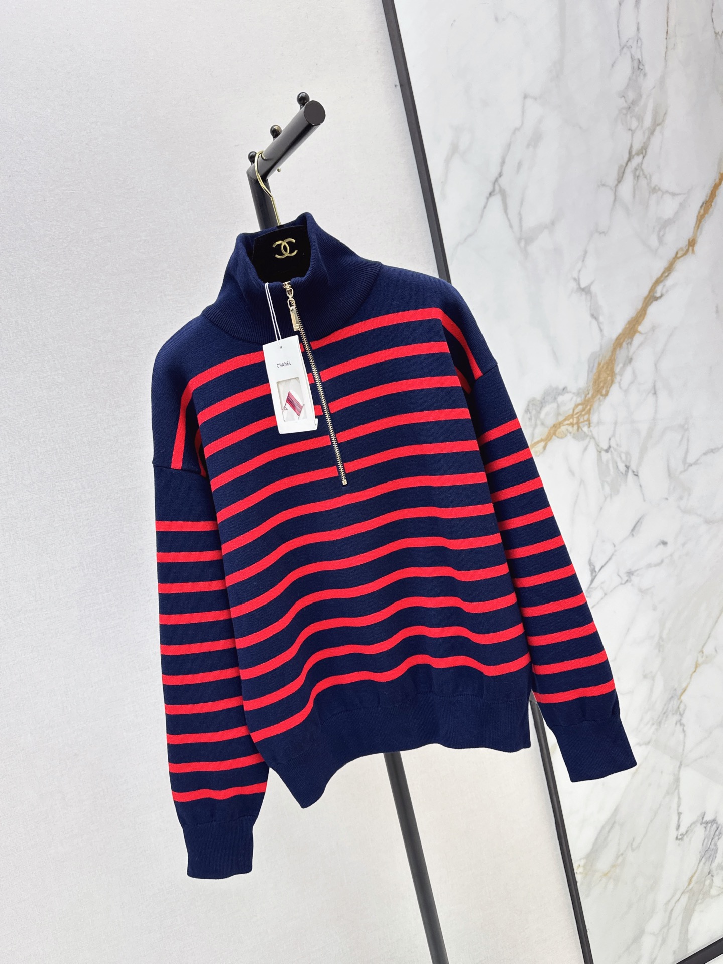 Chan 26fw stripe zip-up knit sweater