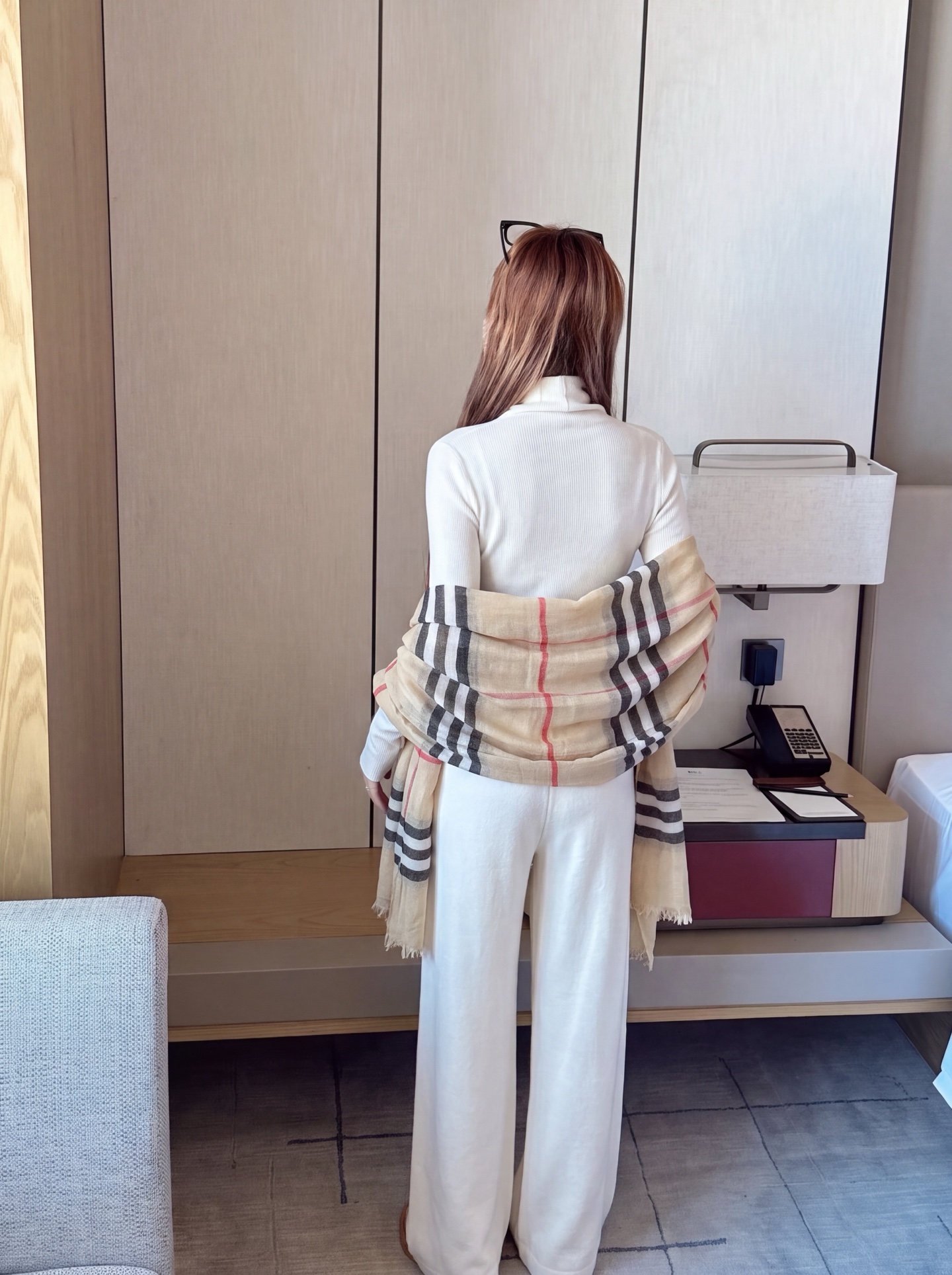 Bur 26fw knit basic tee check shawls pants set