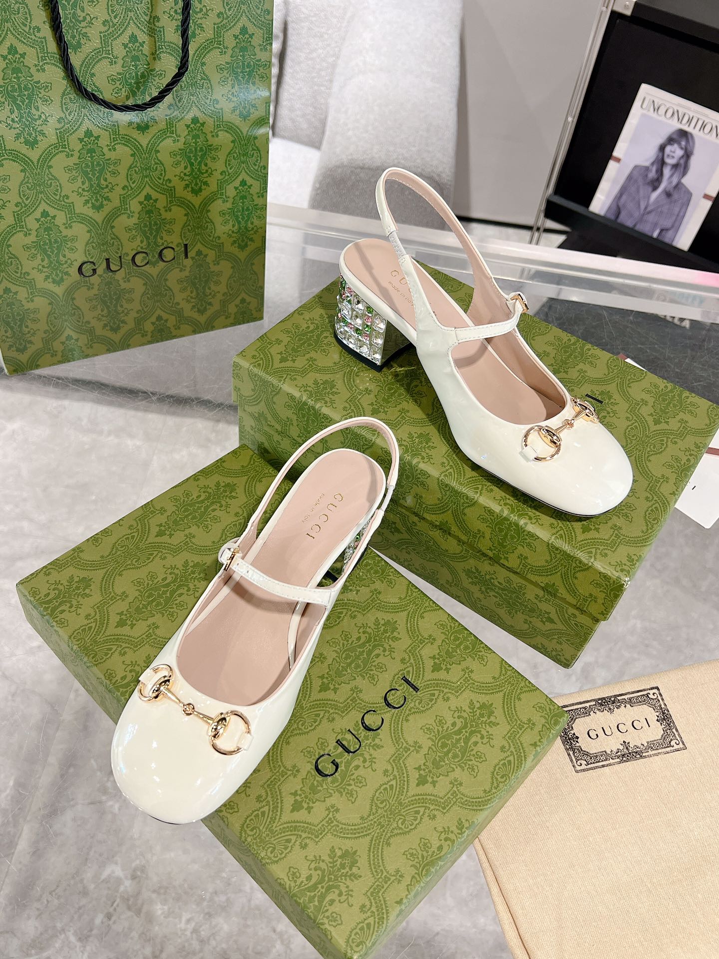 Gucc 26ss rhinestone slingback chunky heel