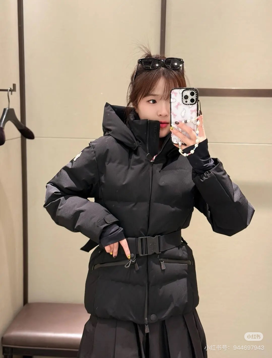 Monc 26fw belted hooded down jacket