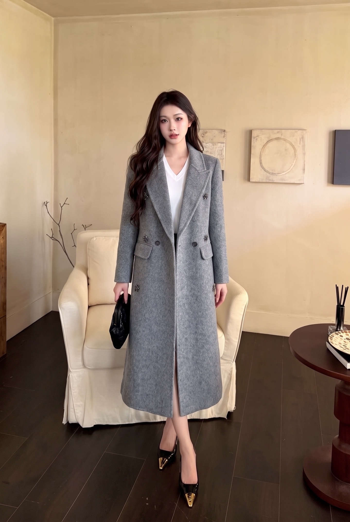 Miu 26fw rhinestone woolen overcoast