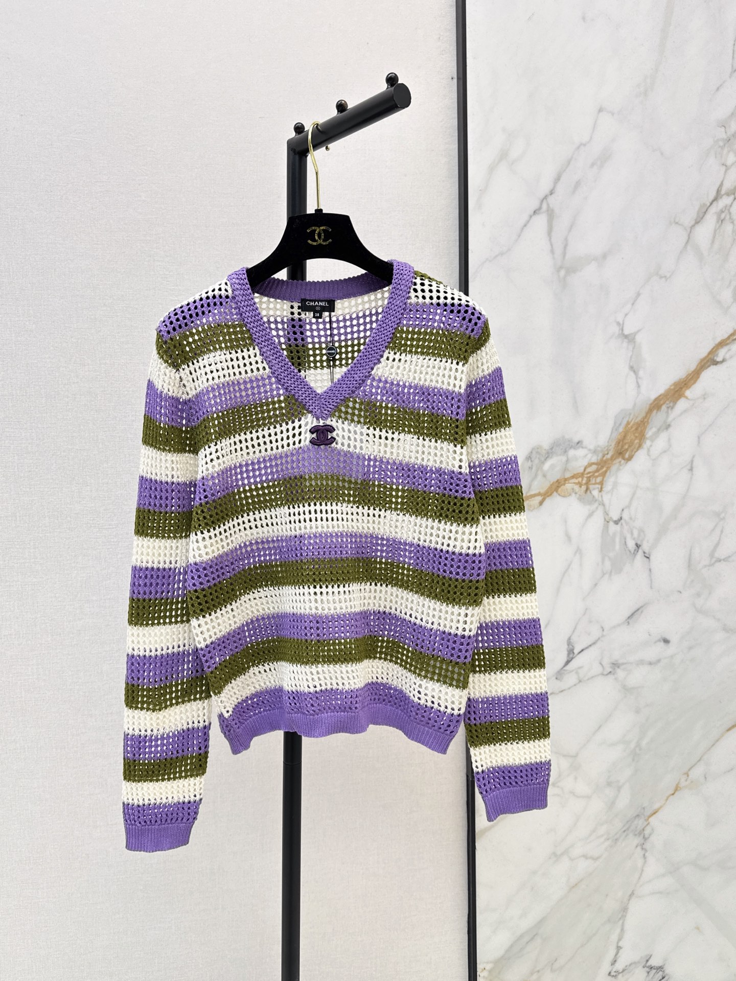 Chan 26fw stripe hollow knit sweater