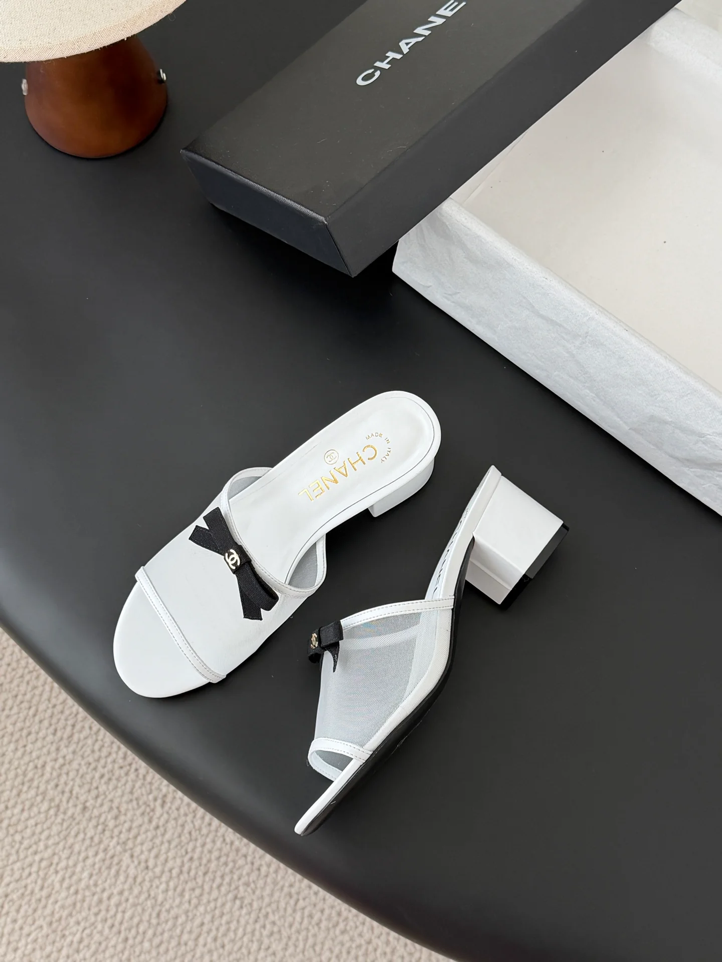 Chan 26ss bow mesh chunky heels slides