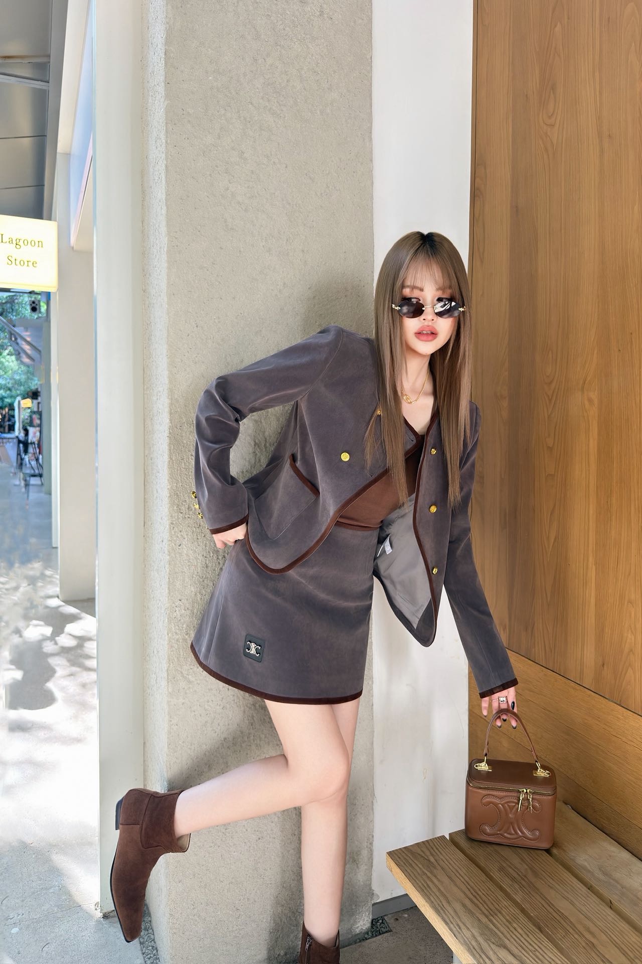 Celi 26fw velvet cropped jacket skirt sets
