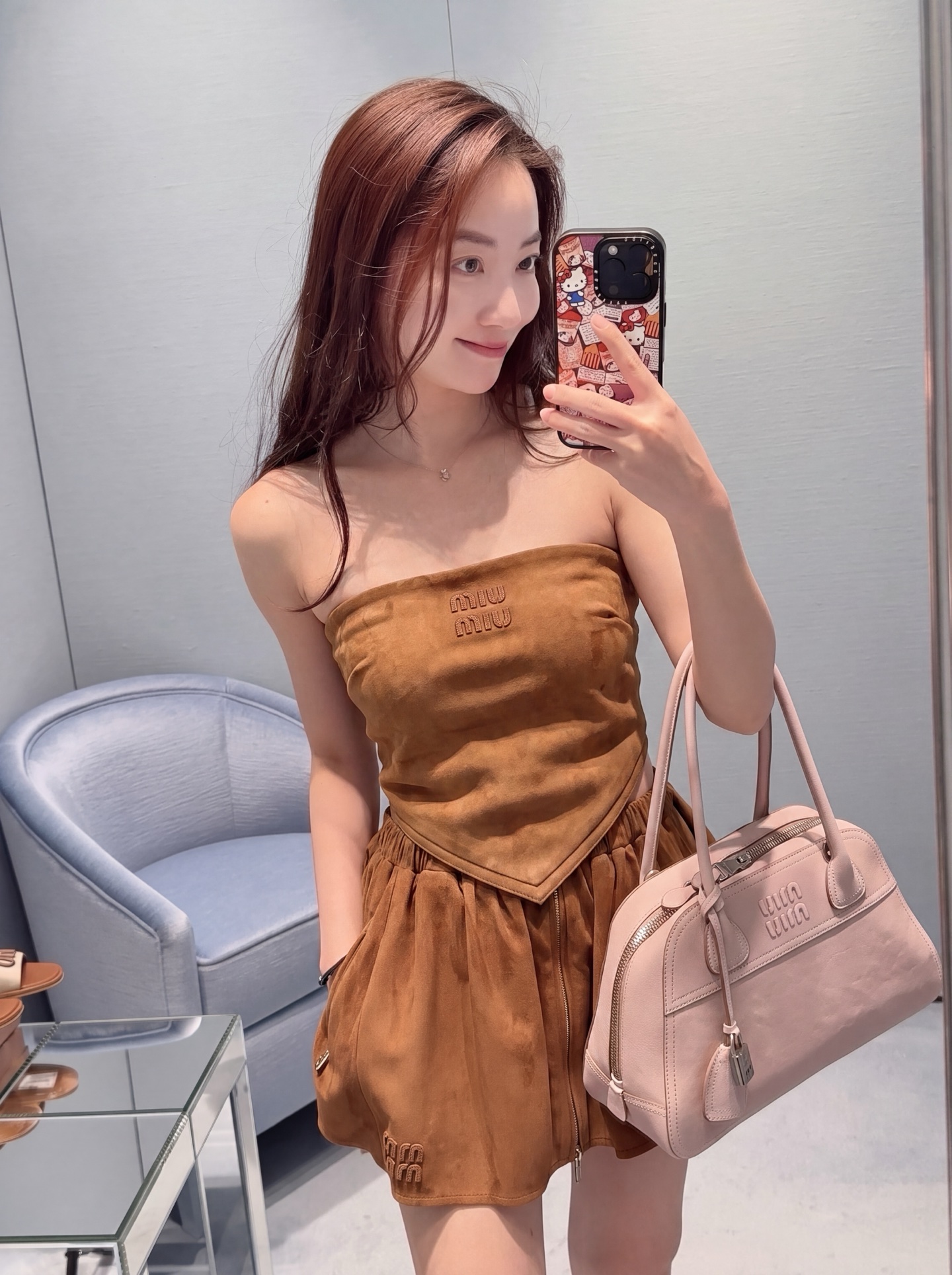 Miu 26fw suede-effect strapless top
