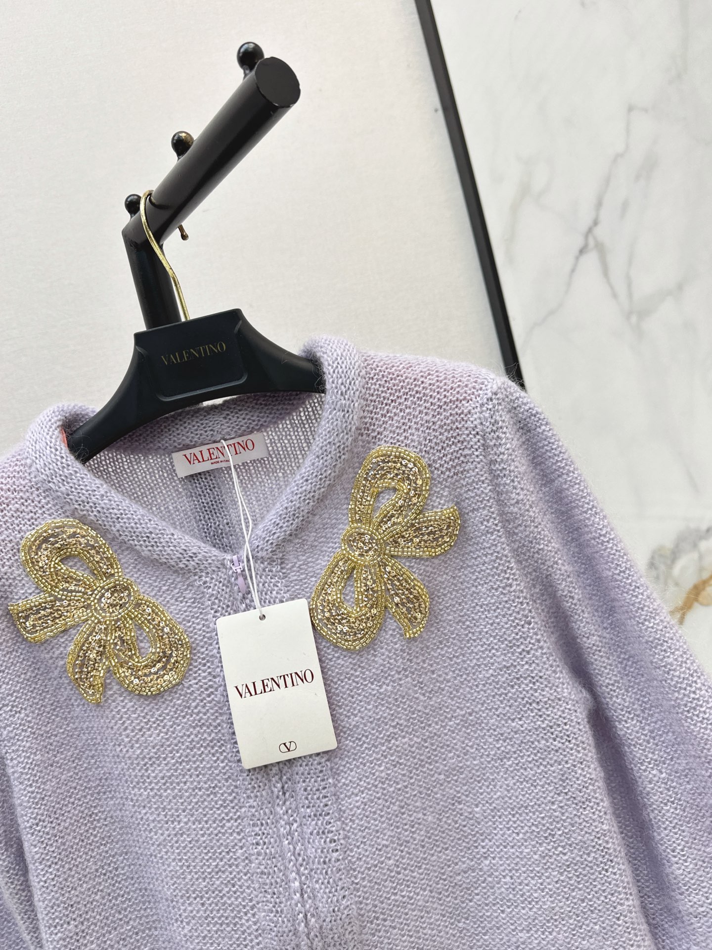 Valen 26fw bow sequin embroidery knit cardigan