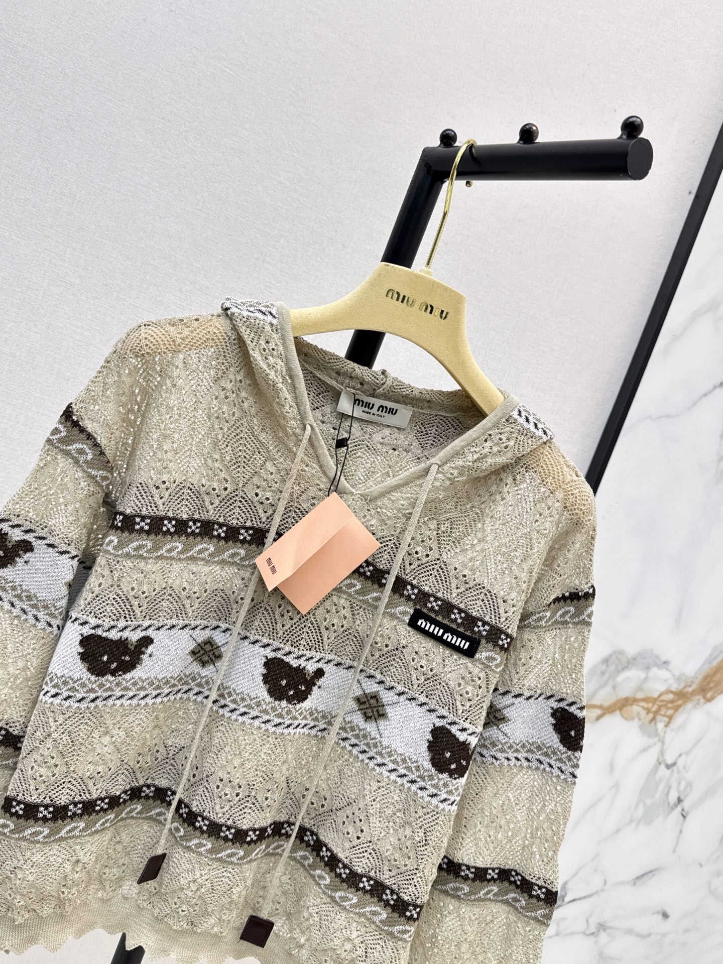 Miu 26fw jacquard hooded knit sweater