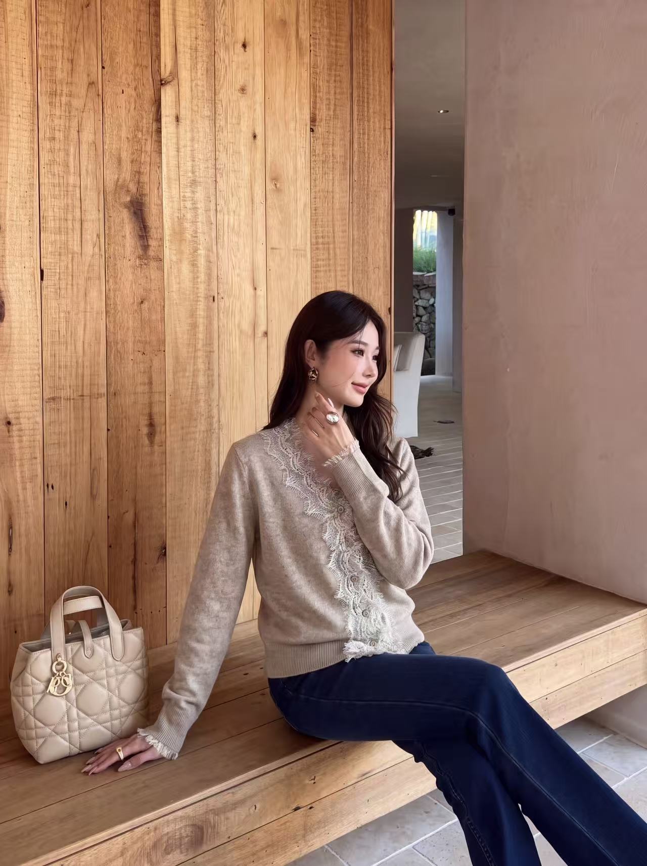 ES 26fw lace contract knit cardigan