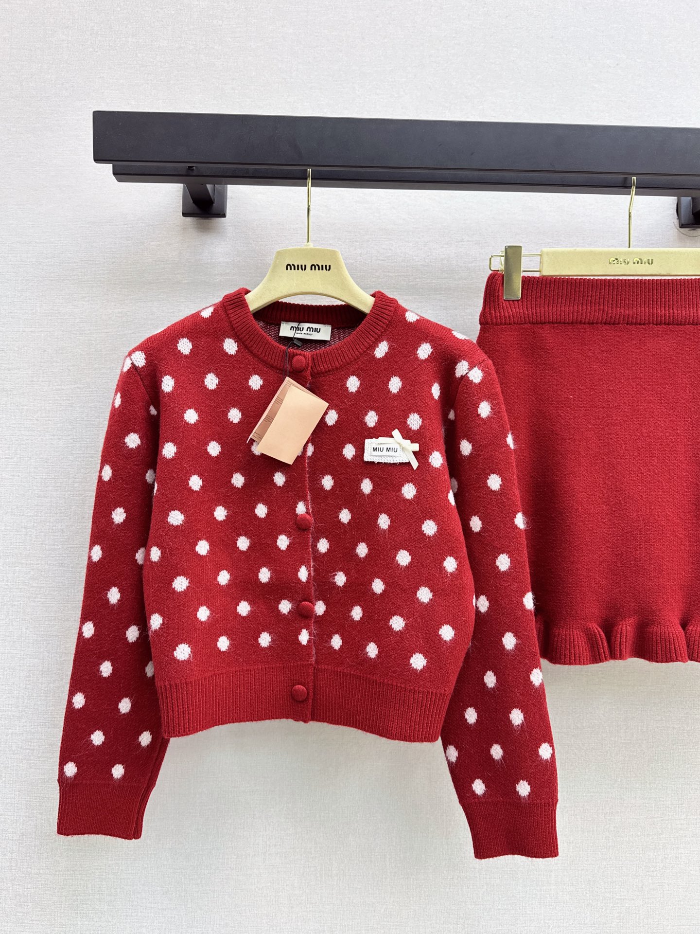 Miu 26fw polka-dot knit cardigan skirt sets