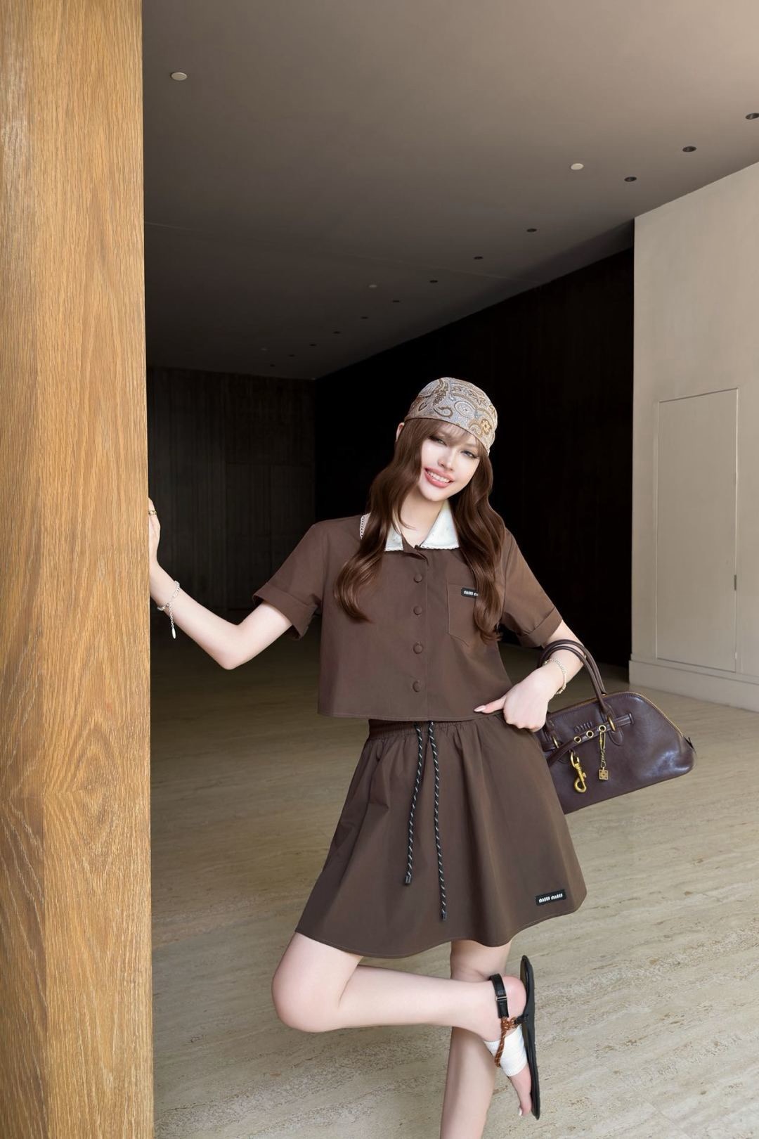 Miu 26ss cropped top pleated skirt sets