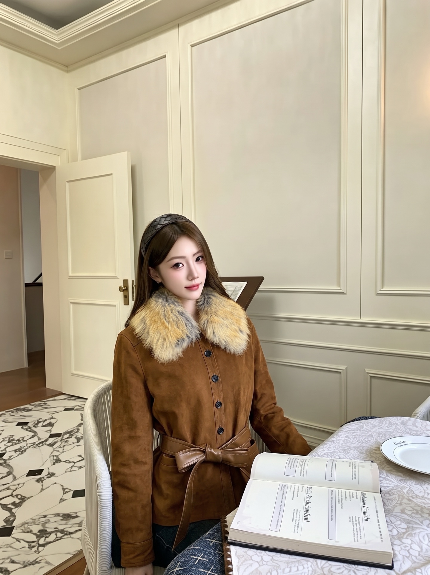 Sain 26fw suede fleece belted leather jacket