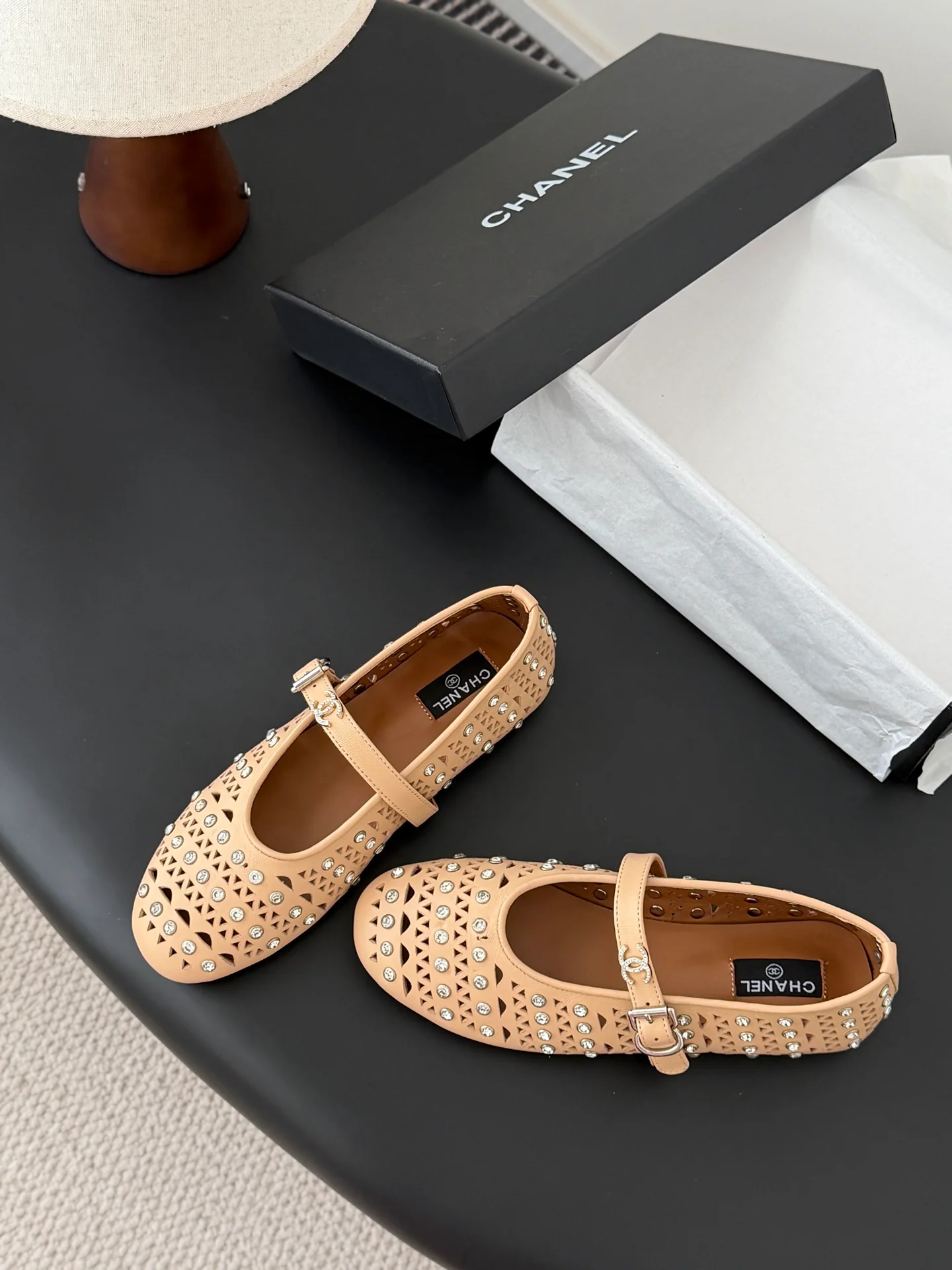 Chan 26ss mary jane hollow rhinestone shoes