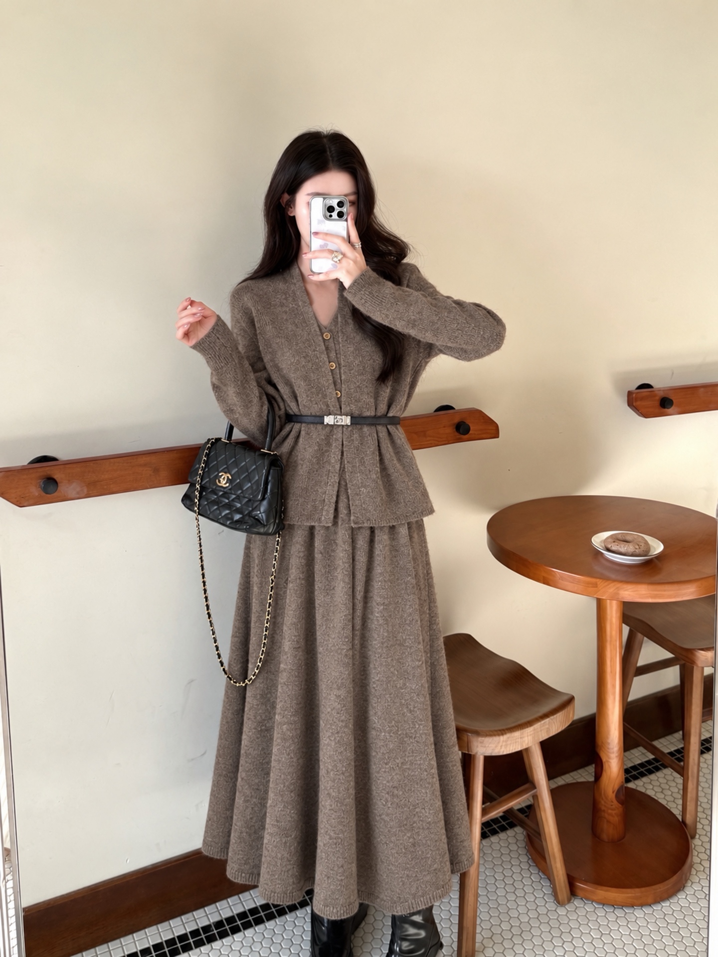 Her 26fw knit cardigan vest pleated skirt sets