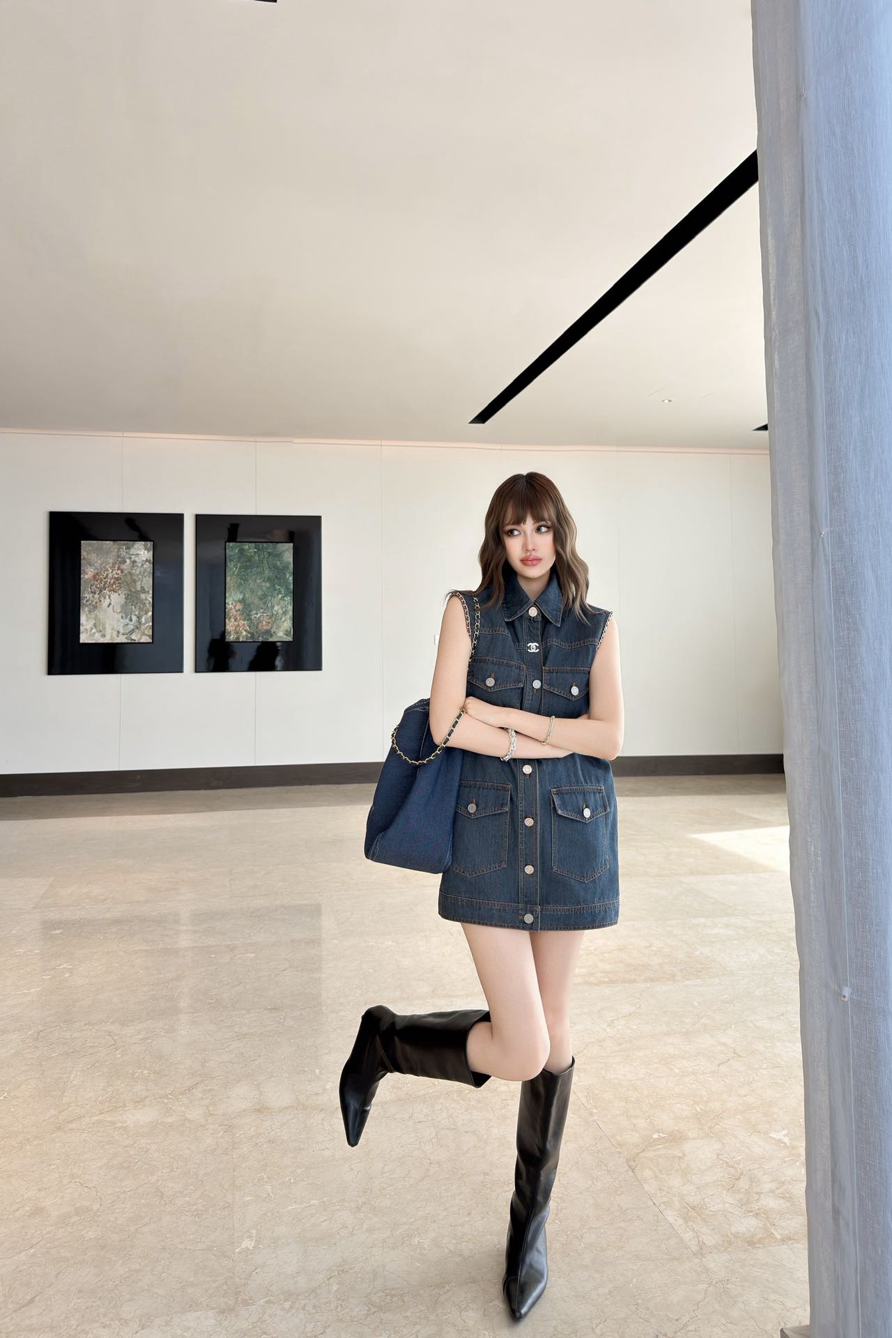 Chan 26fw long denim vest