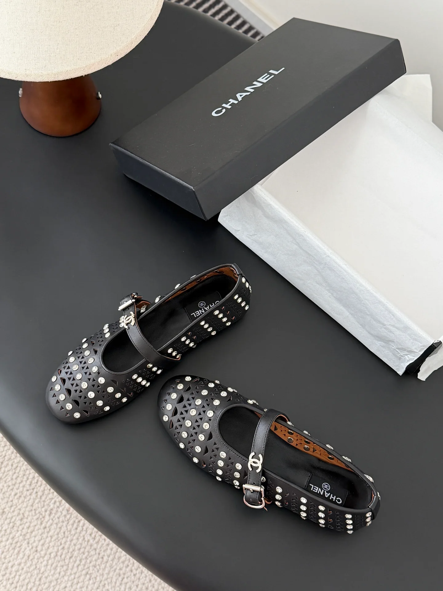 Chan 26ss mary jane hollow rhinestone shoes