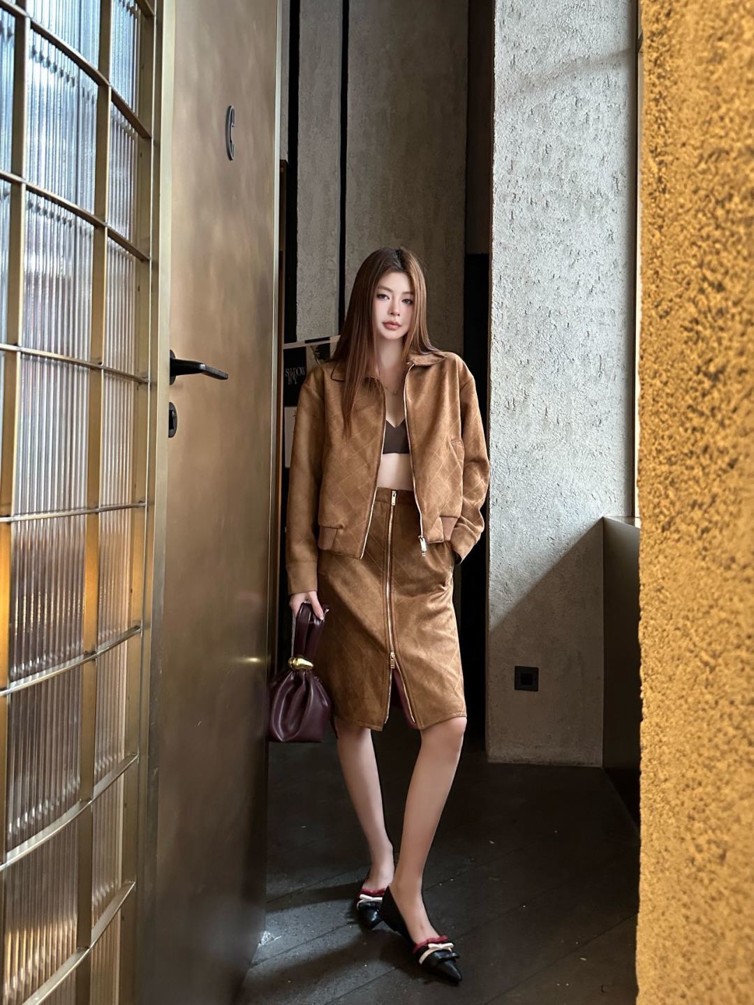 Chan 26fw suede fleece A-line zipper skirt