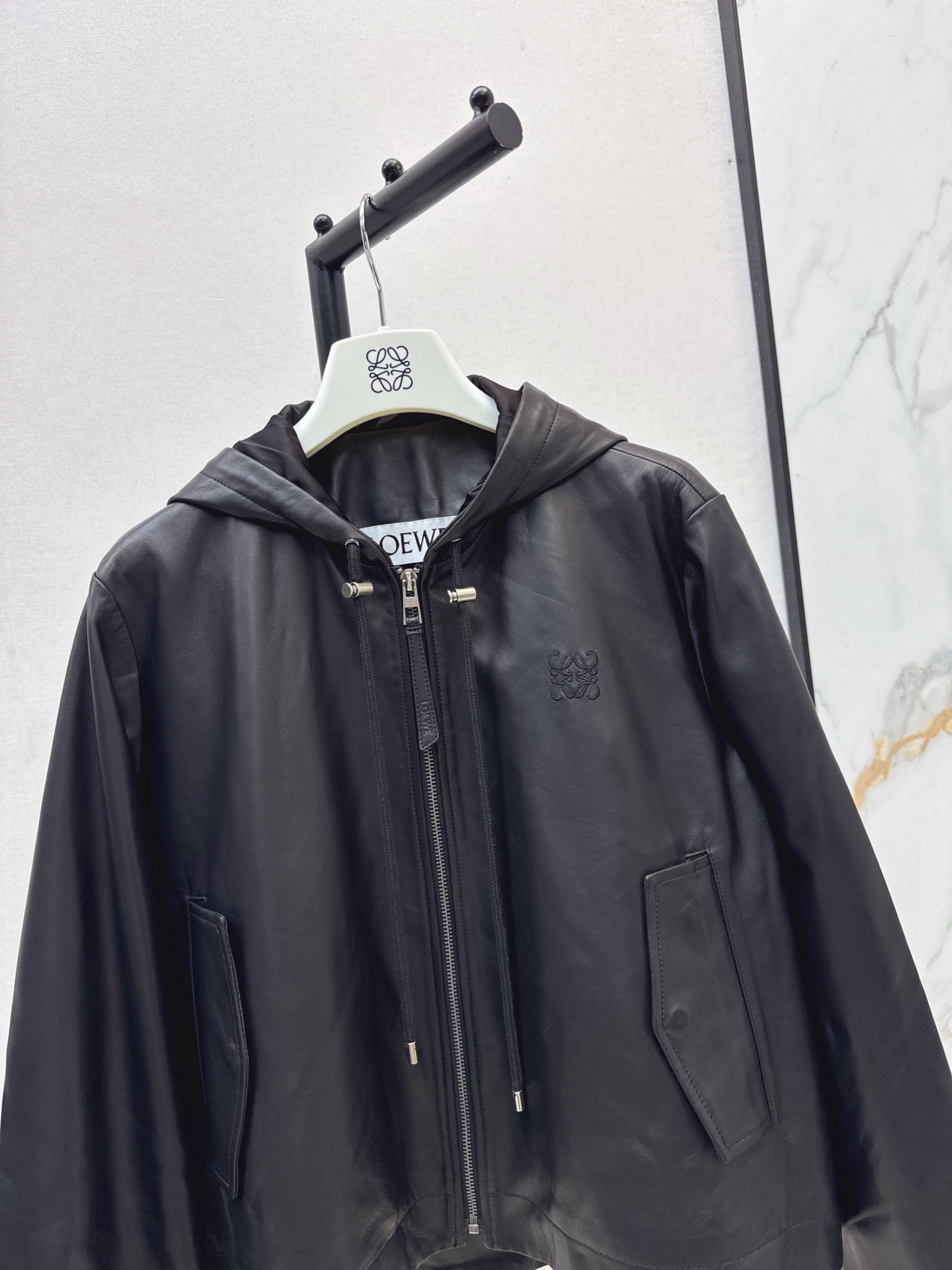 Loe 26fw leather hooded jacket
