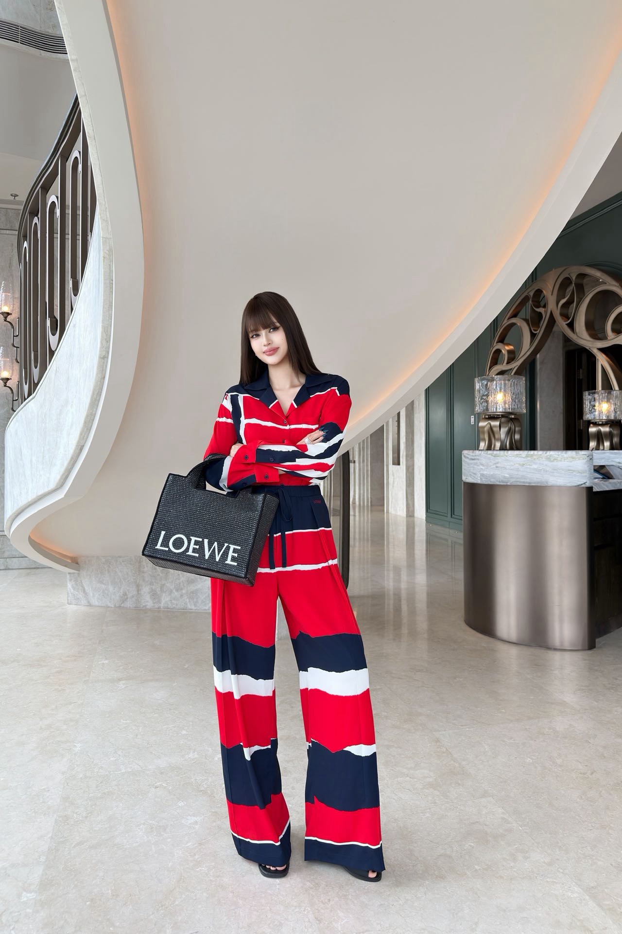 Loe 26fw stripe print shirt wied-leg pants sets