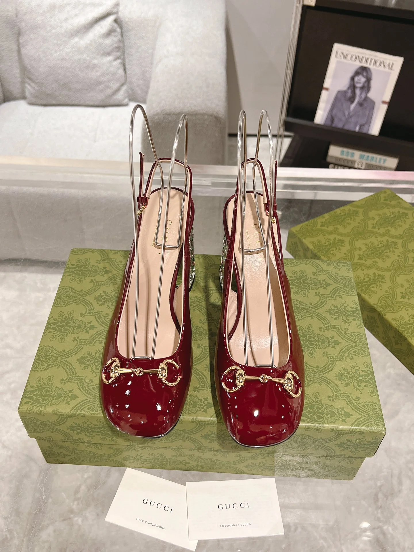 Gucc 26ss rhinestone slingback chunky high heel