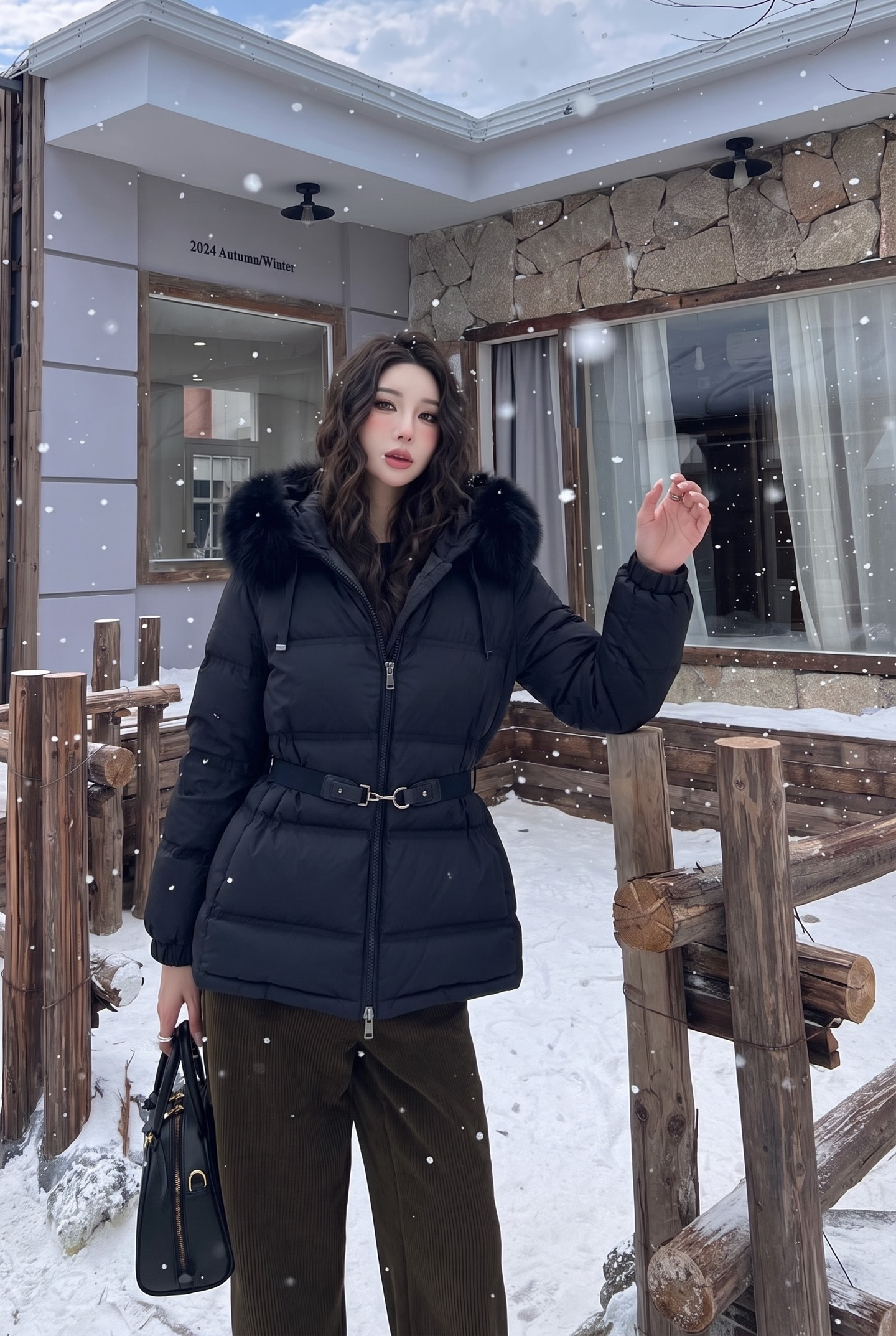 Max 26fw fur-trim hooded belted down jacket