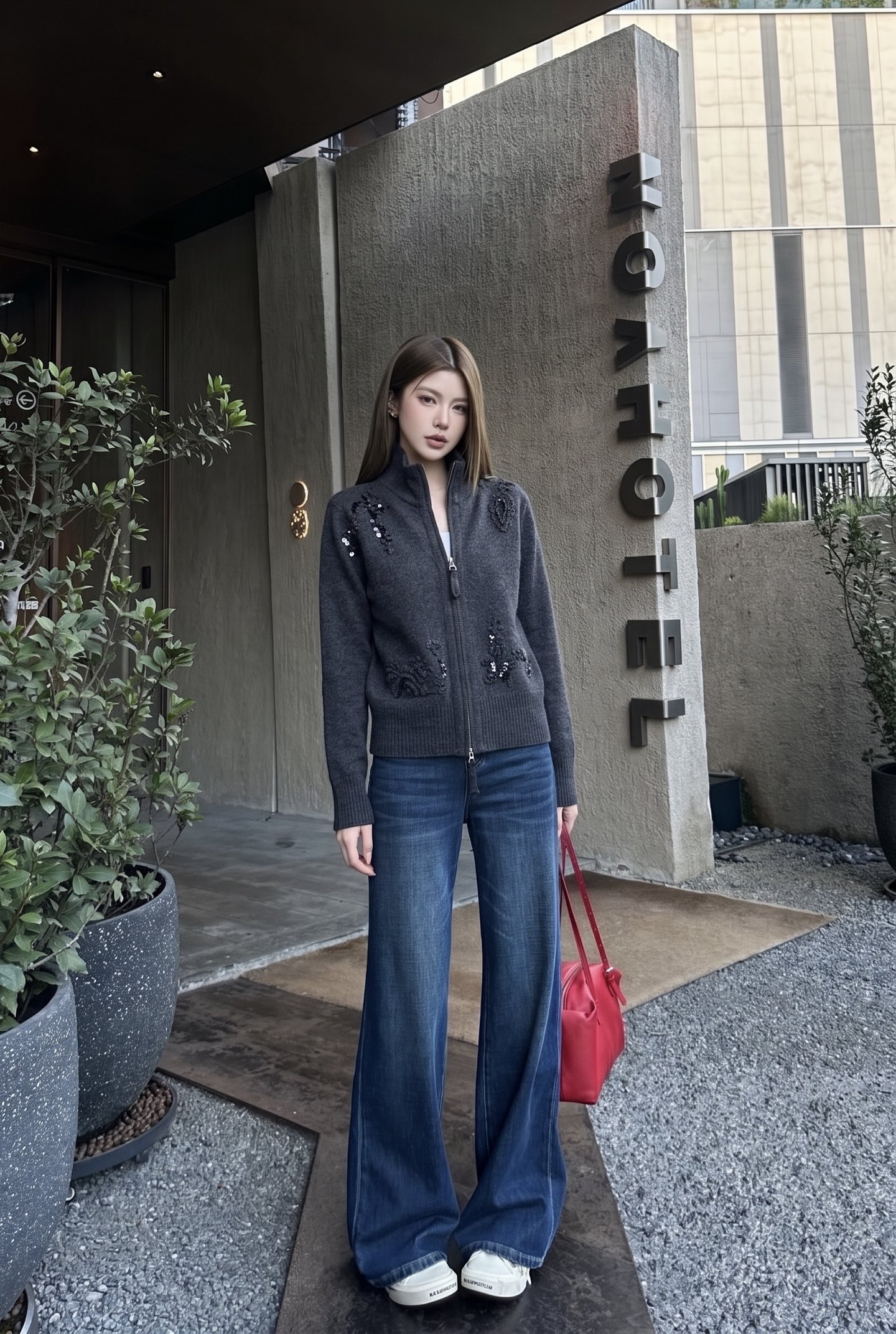 Brun 26fw embroidery zipper cardigan