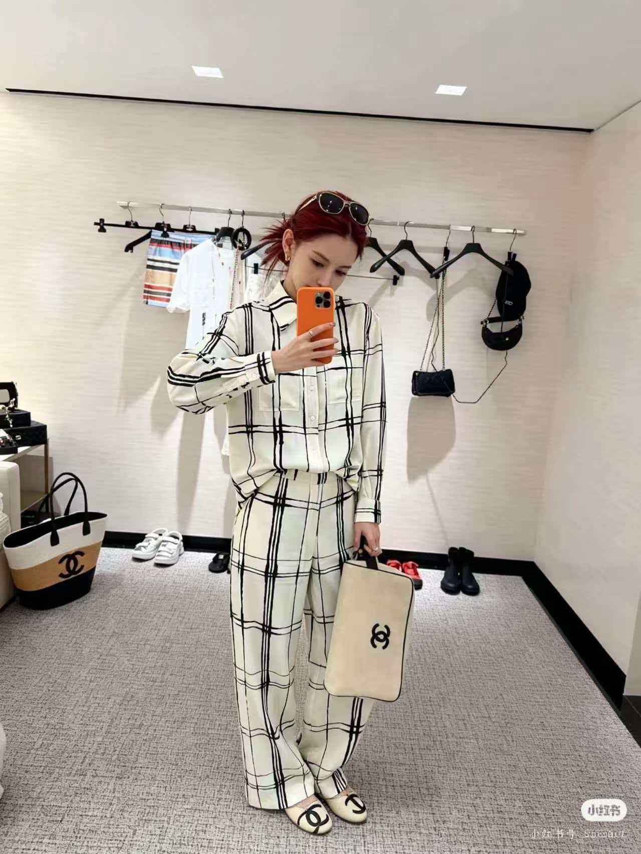 Chan 26ss check print silk shirt