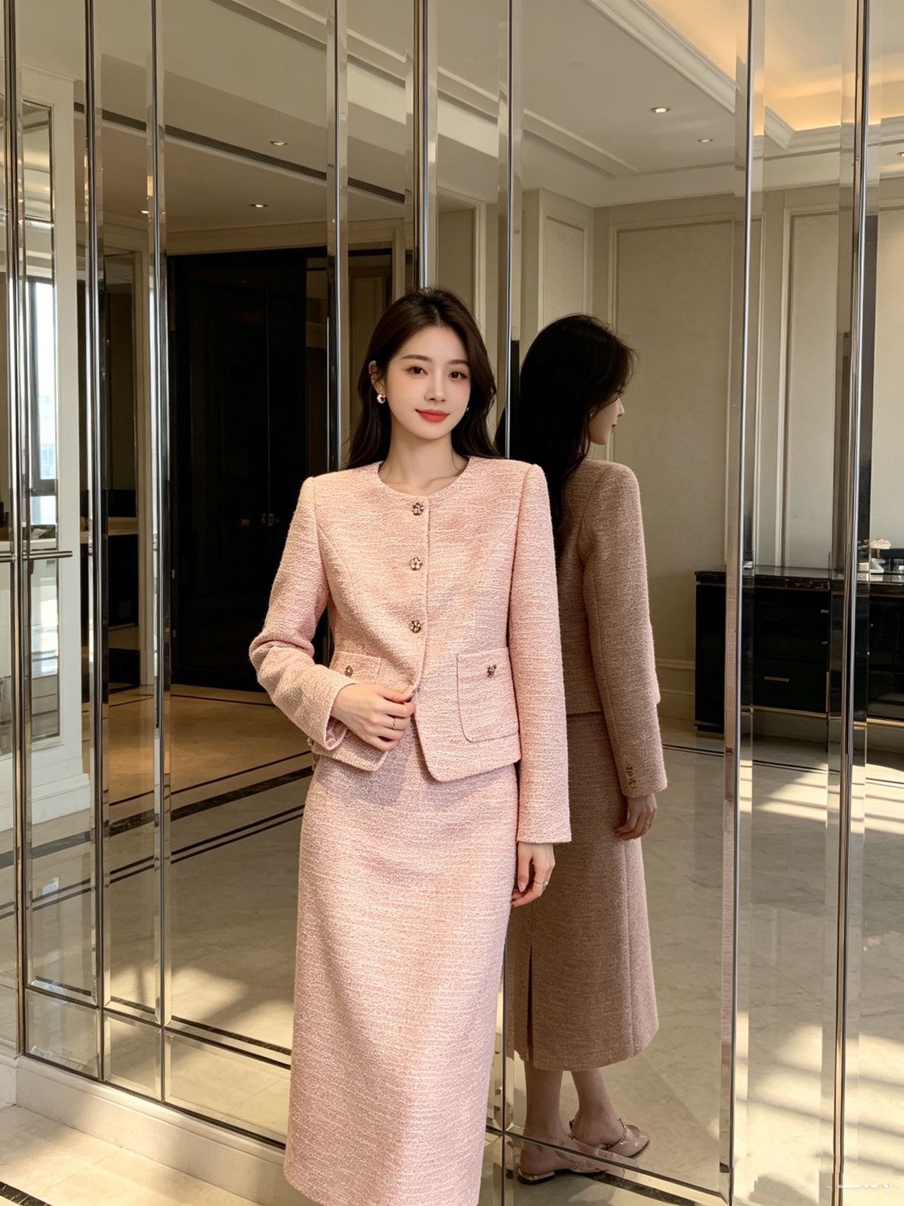 Chan 26fw tweed woven jacket skirt sets