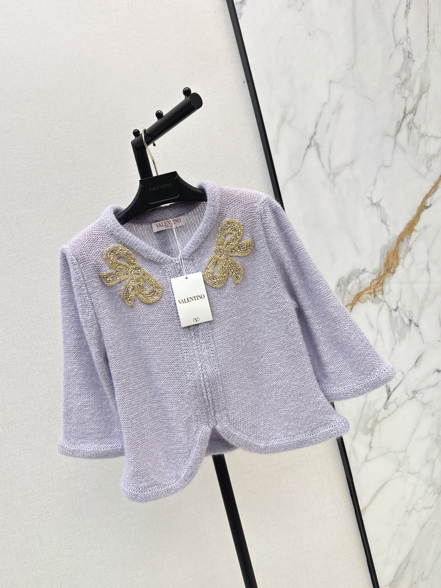 Valen 26fw bow sequin embroidery knit cardigan