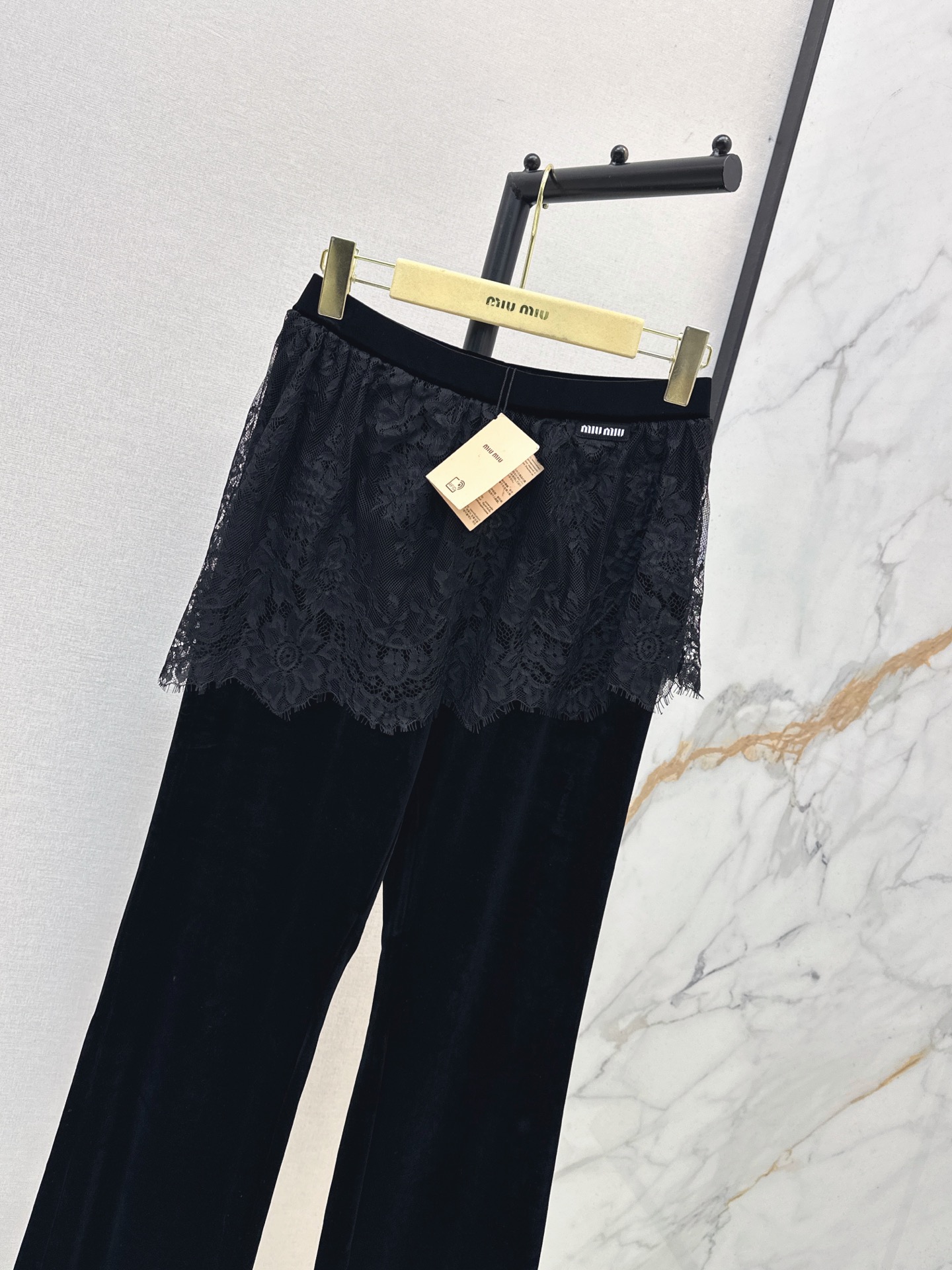 Miu 26fw lace-overlay velvet flared pants