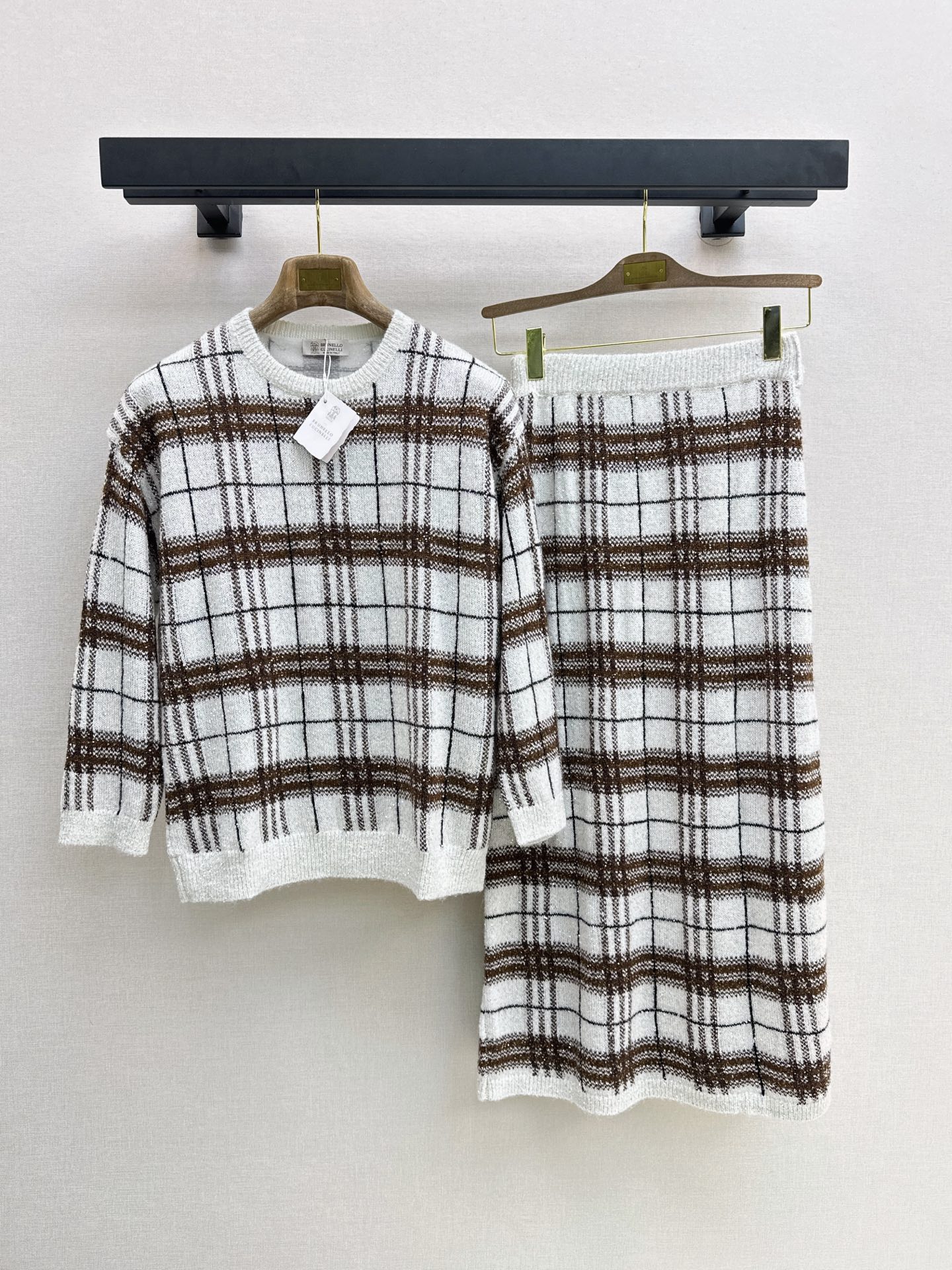 Brun 26fw check sweater skirt sets