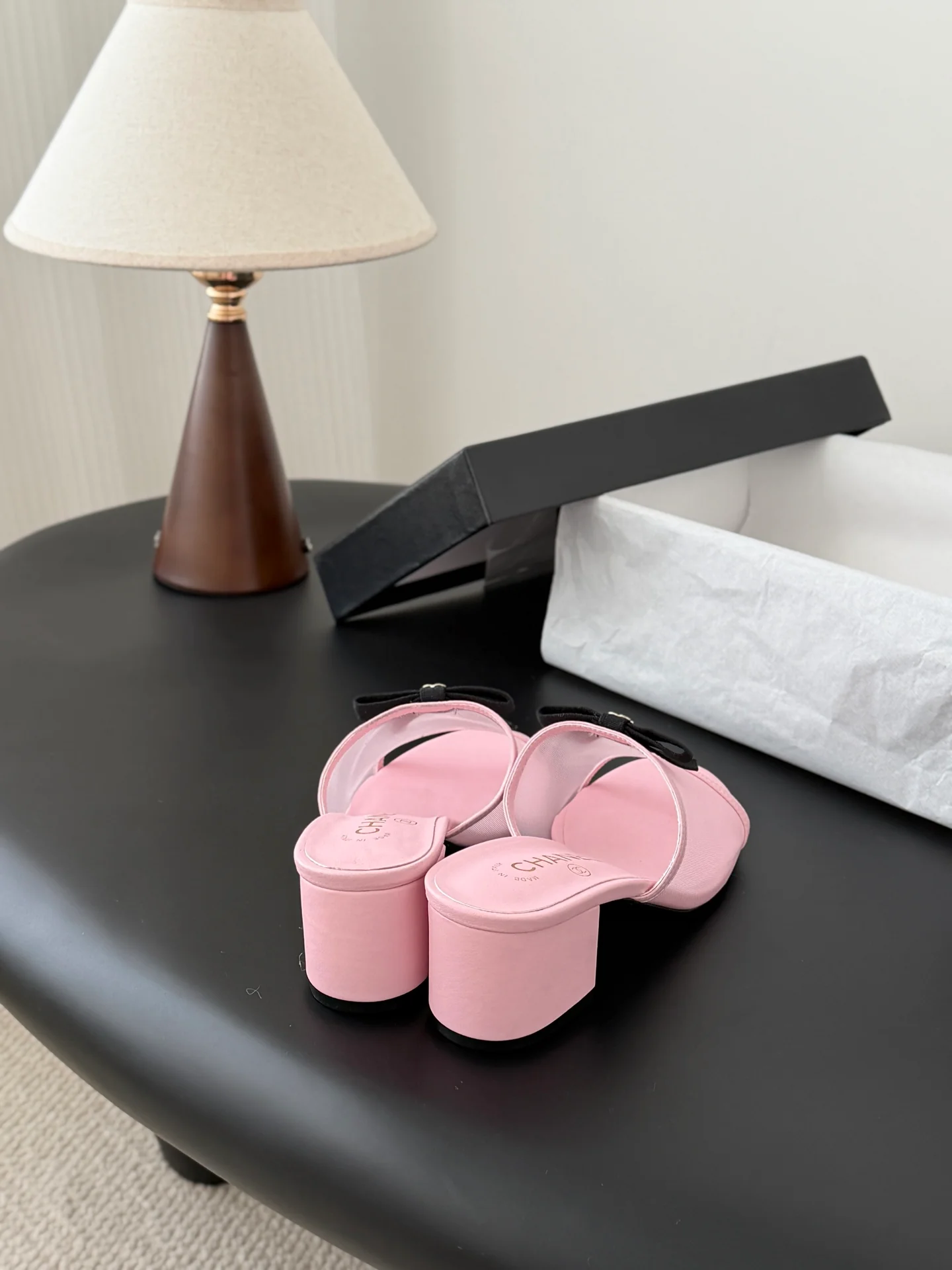 Chan 26ss bow mesh chunky heels slides