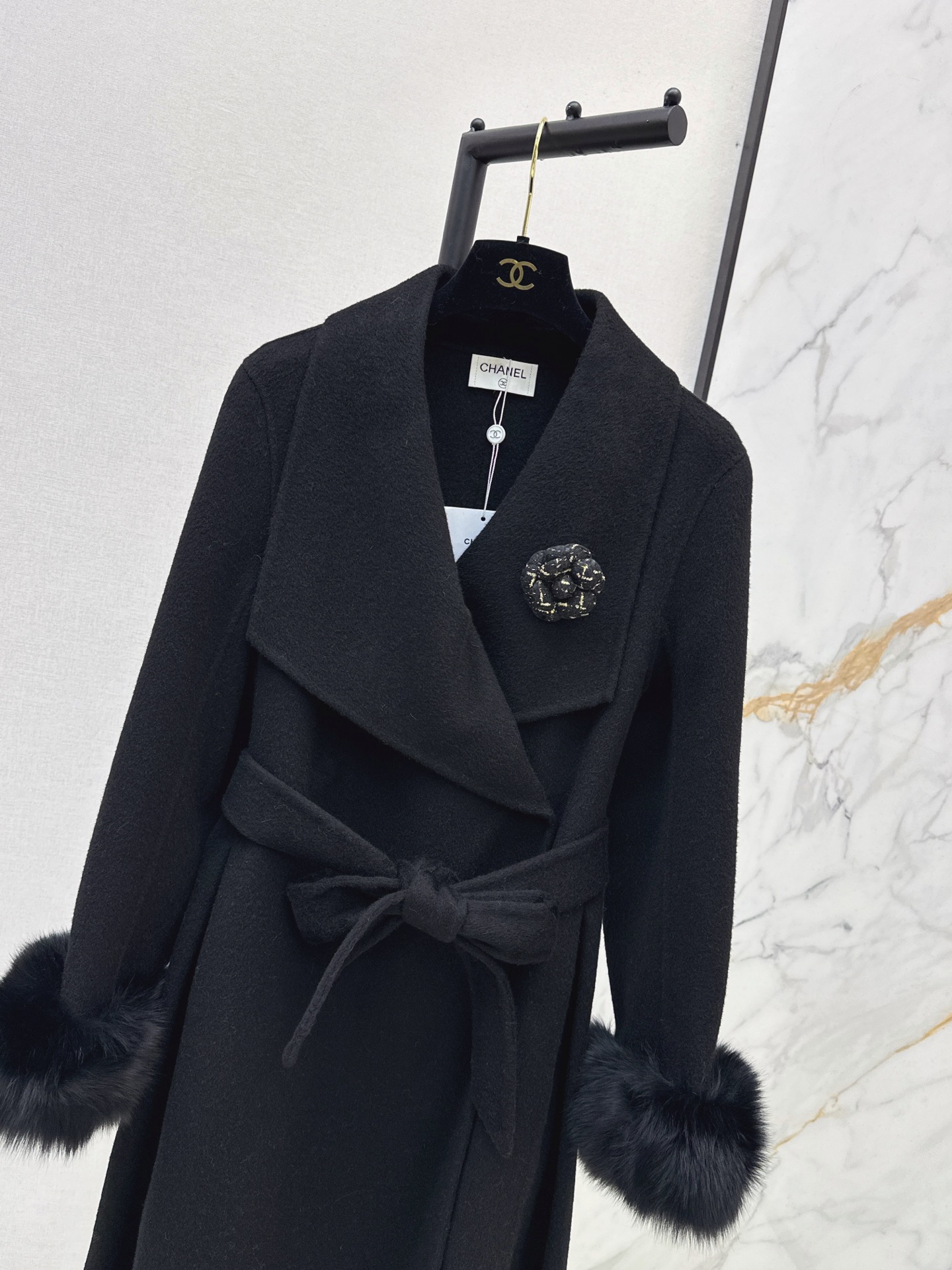 Chan 26fw belted long coat with fur-effect cuffs