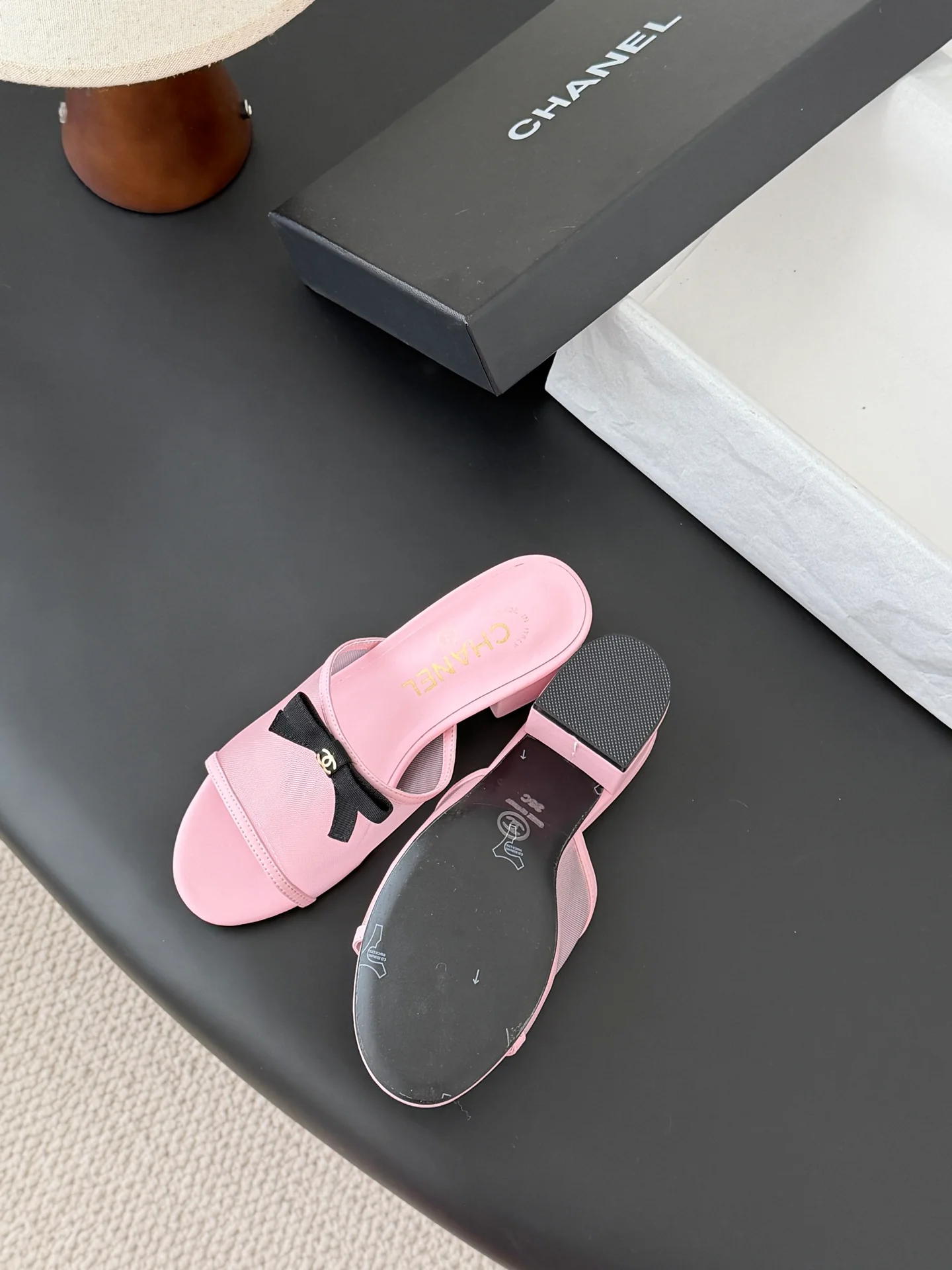 Chan 26ss bow mesh chunky heels slides
