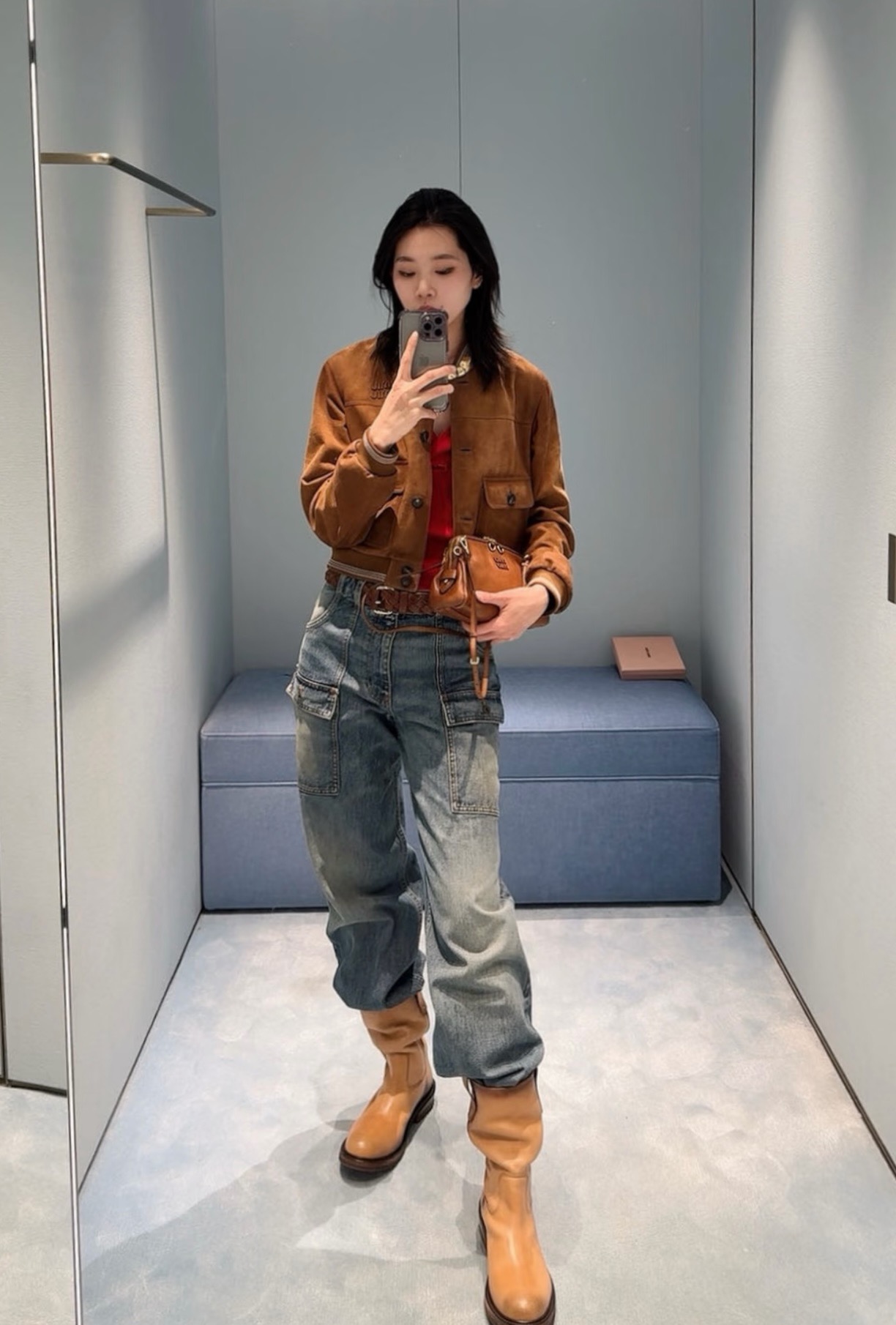 Miu 26fw cropped suede leather jacket