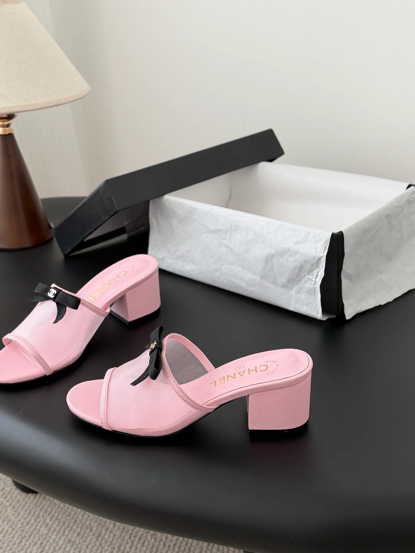 Chan 26ss bow mesh chunky heels slides