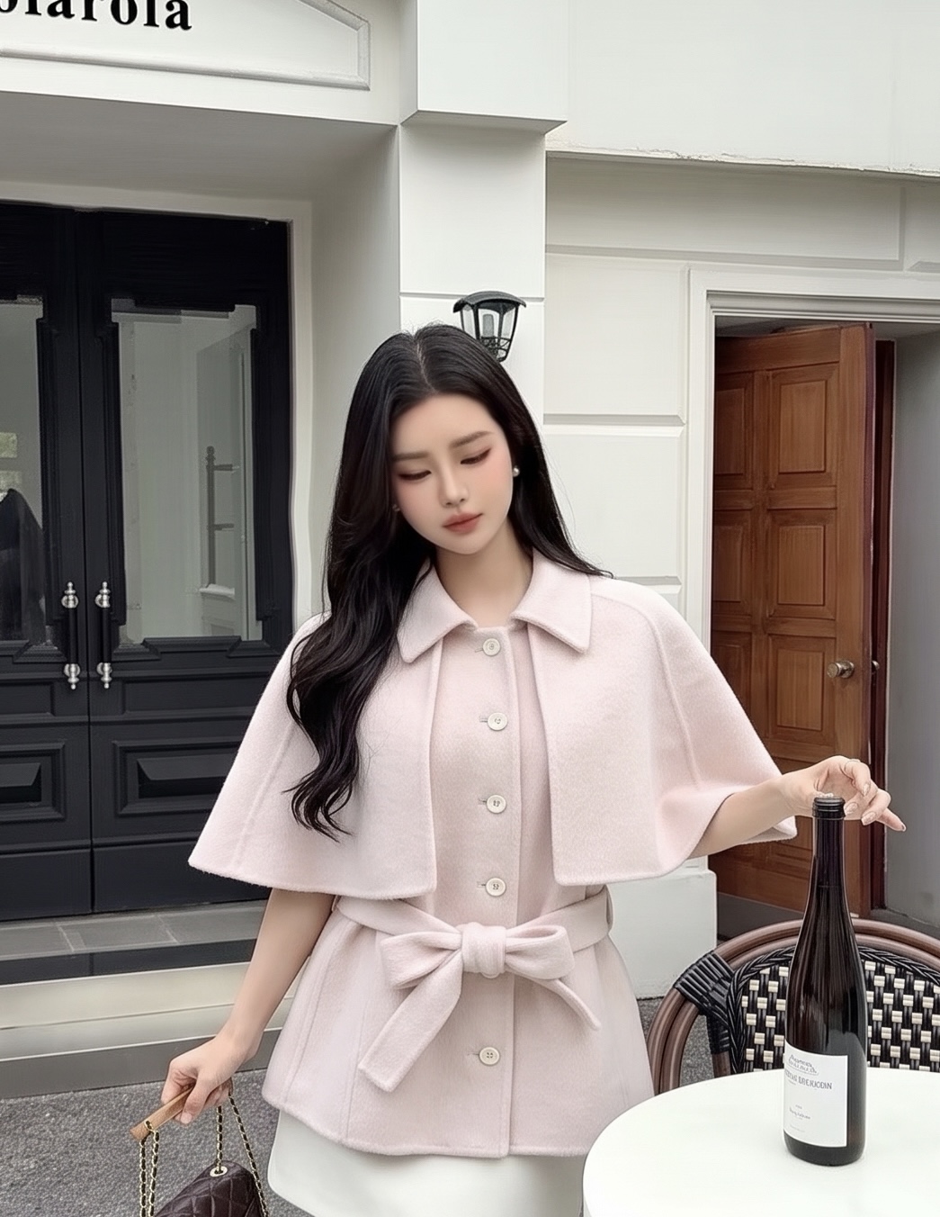 Chan 26fw woolen belted vest cape jacket sets