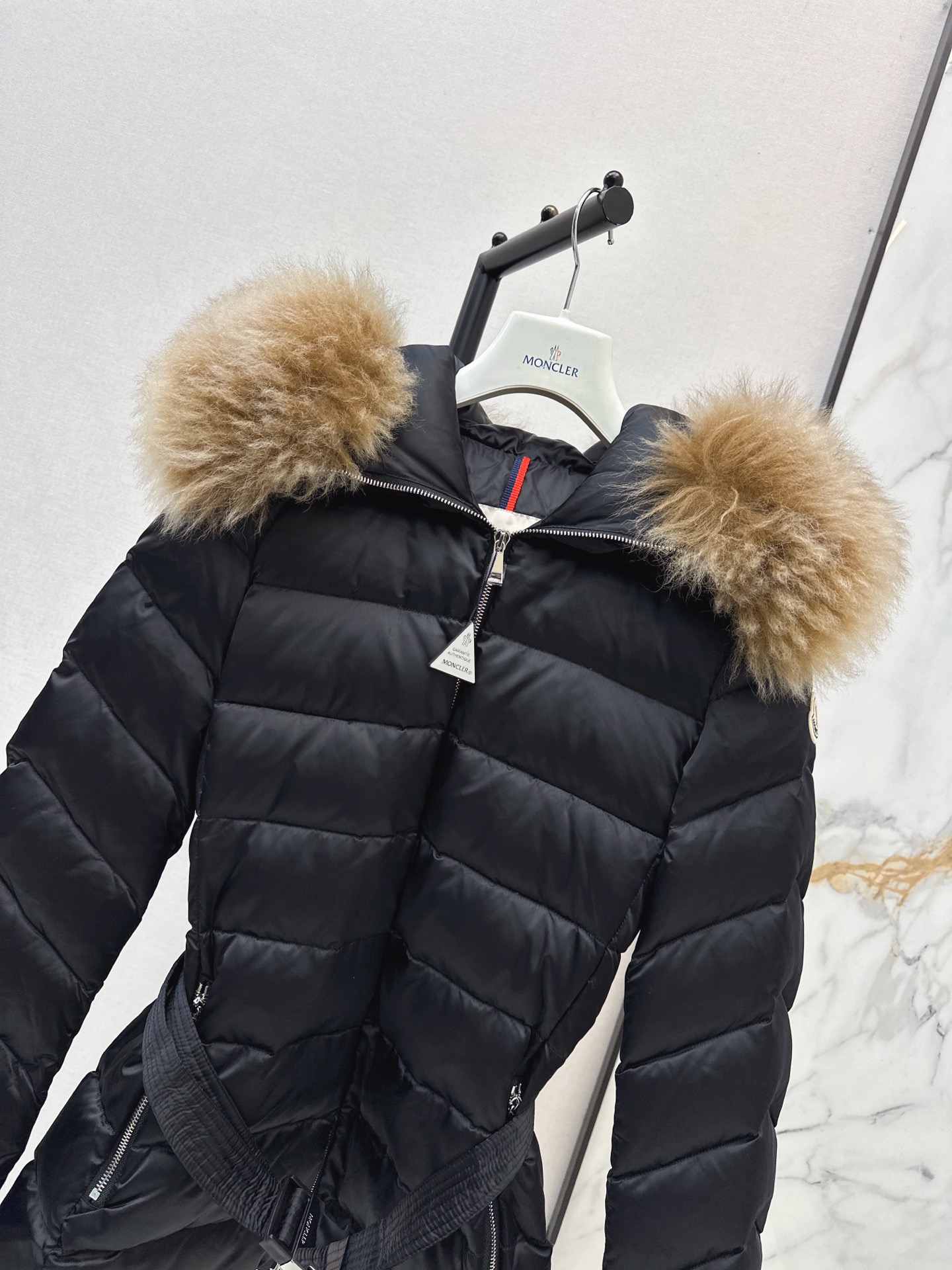 Monc 26fw fur-trim hooded belted down jacket