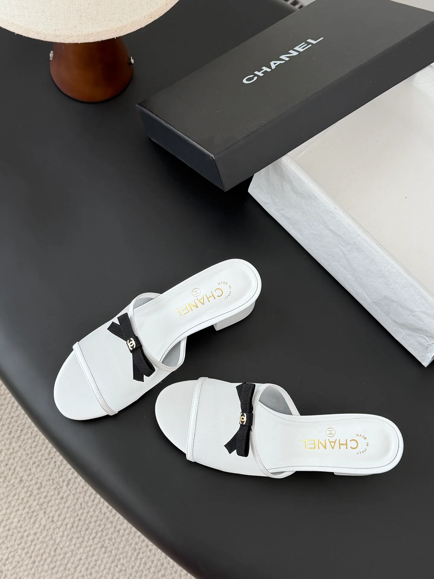 Chan 26ss bow mesh chunky heels slides